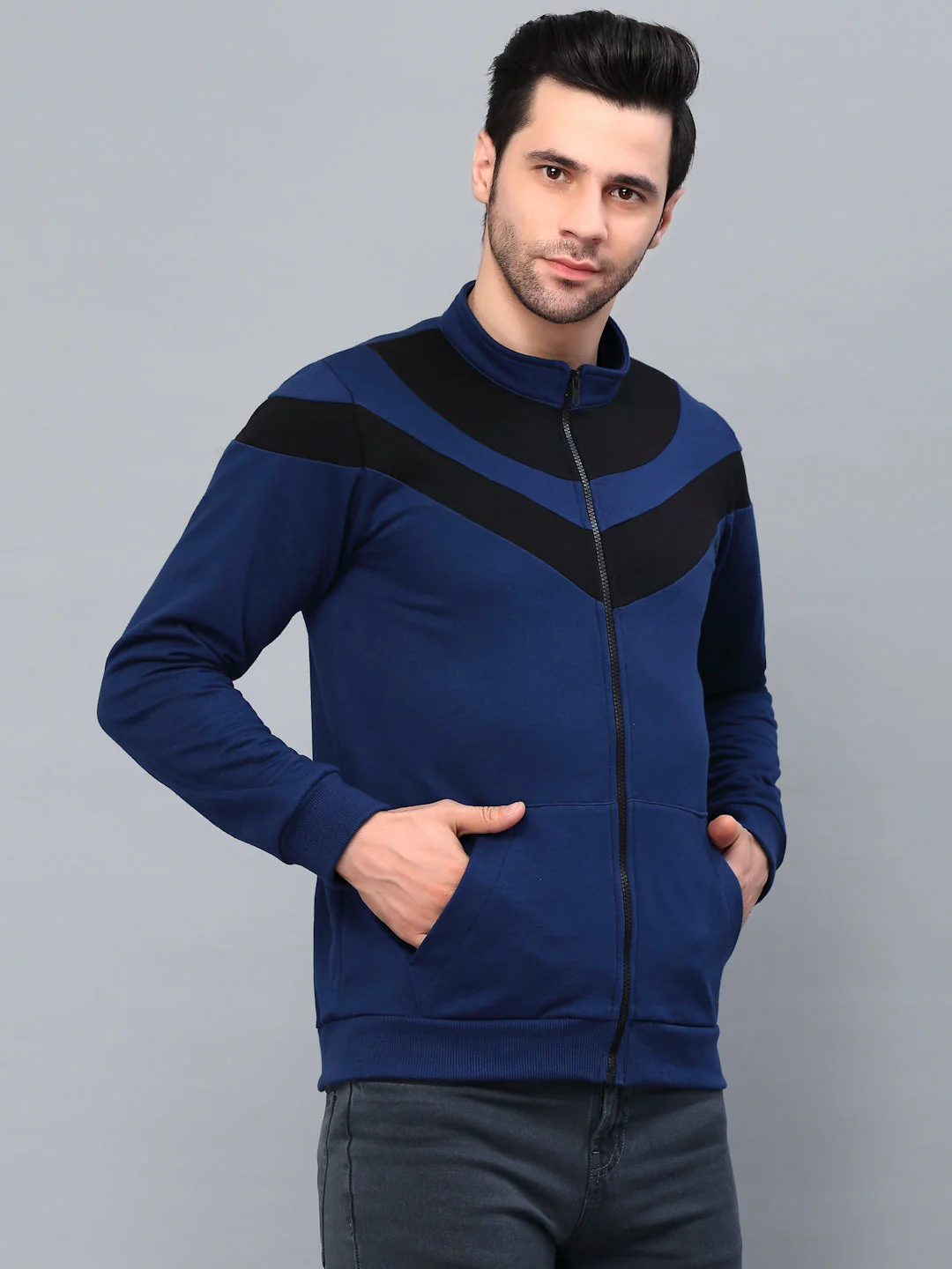 Men Color Blocked High Neck Fleece Jacket - Image 2