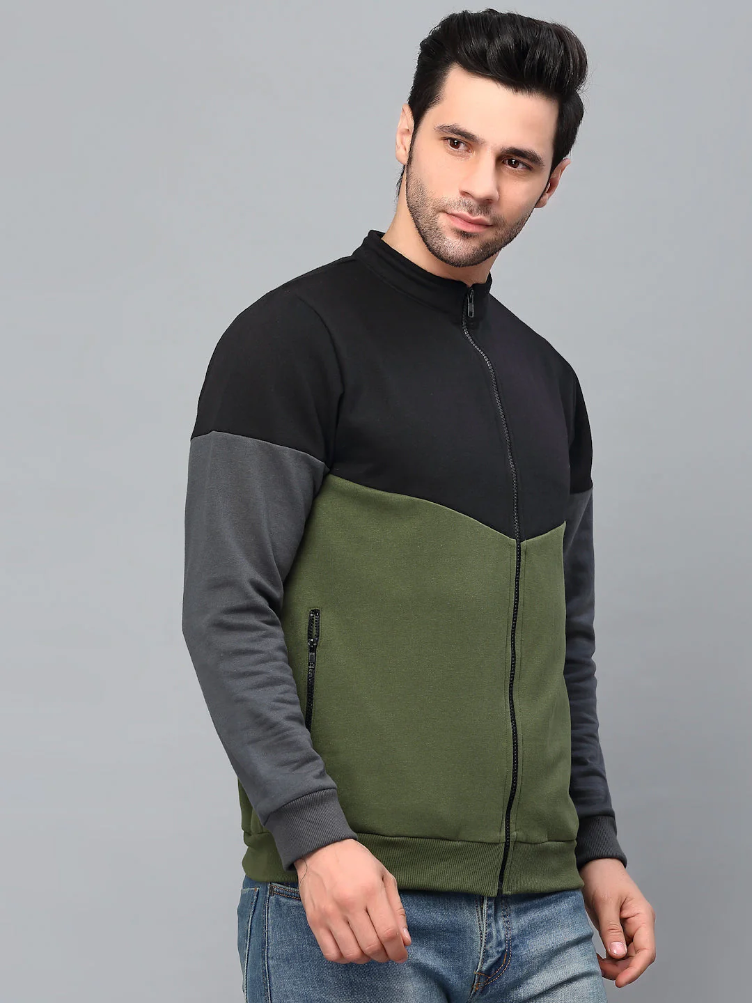 Men Color Blocked High Neck Fleece Jacket - Image 2
