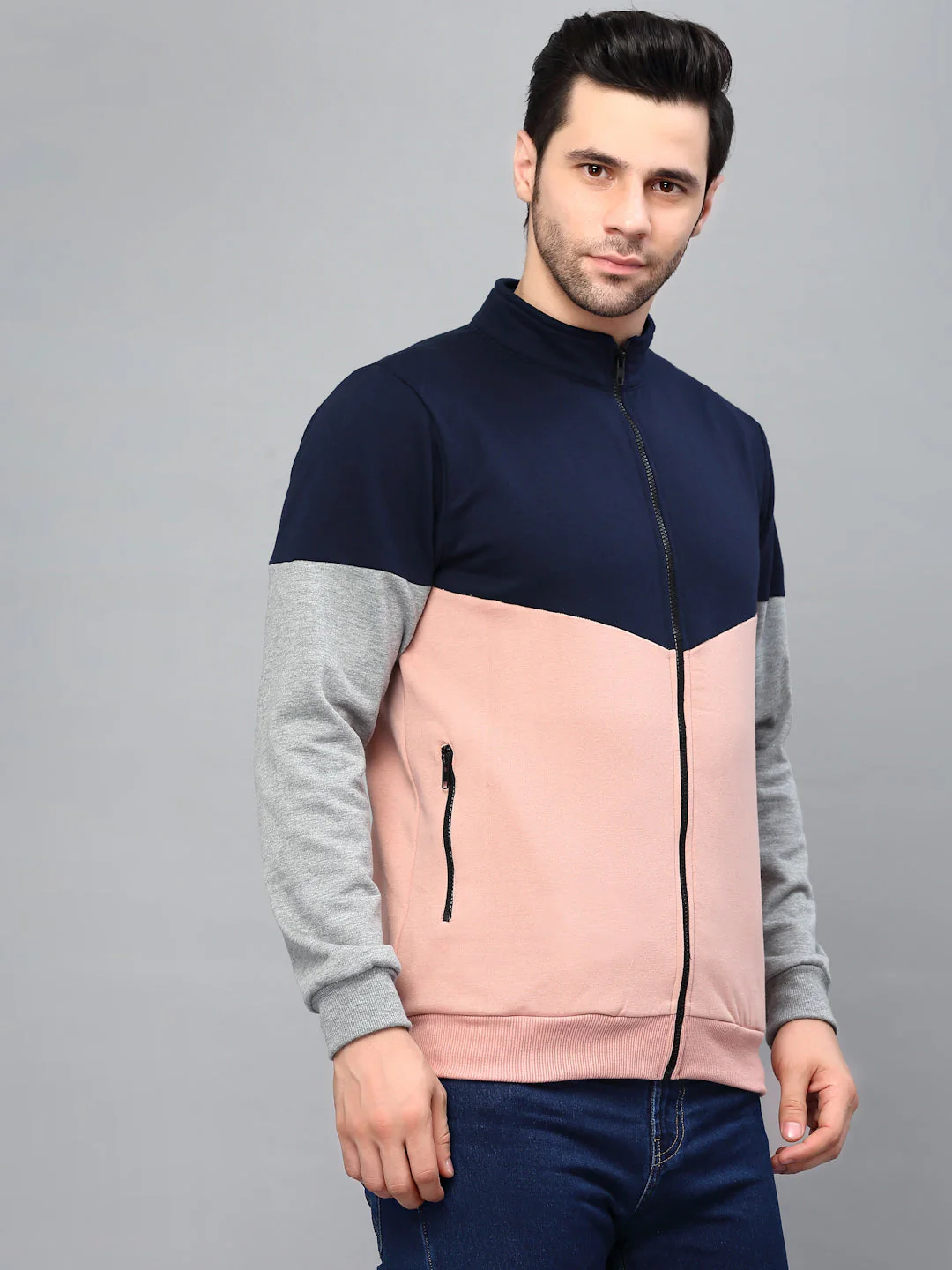 Men Color Blocked High Neck Fleece Jacket - Image 2
