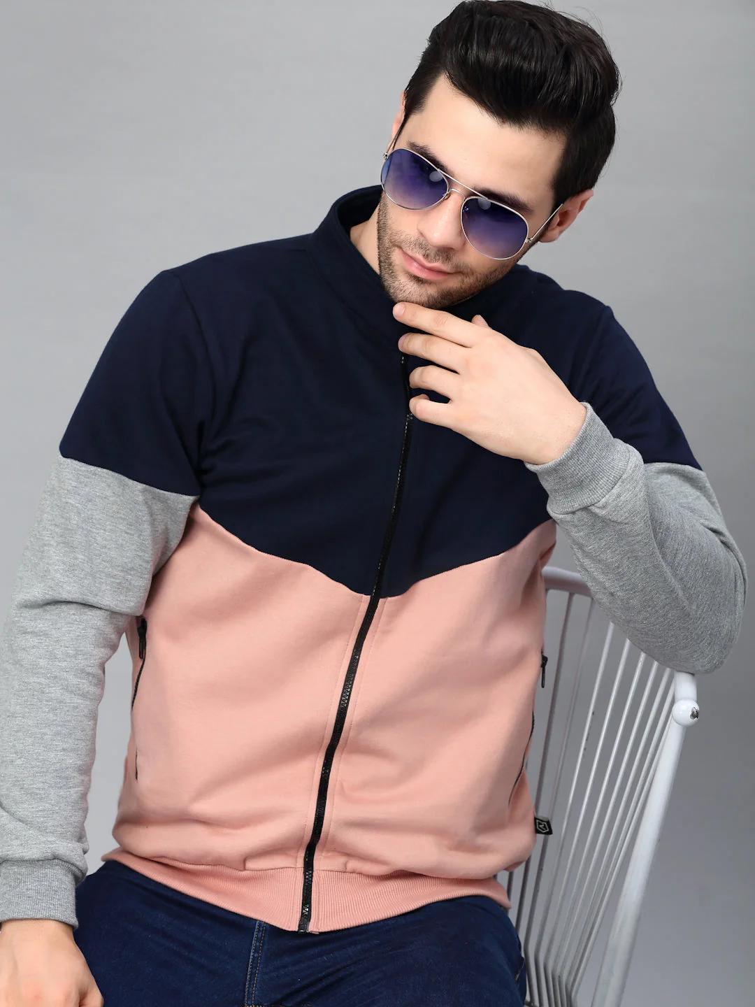 Men Color Blocked High Neck Fleece Jacket - Image 3