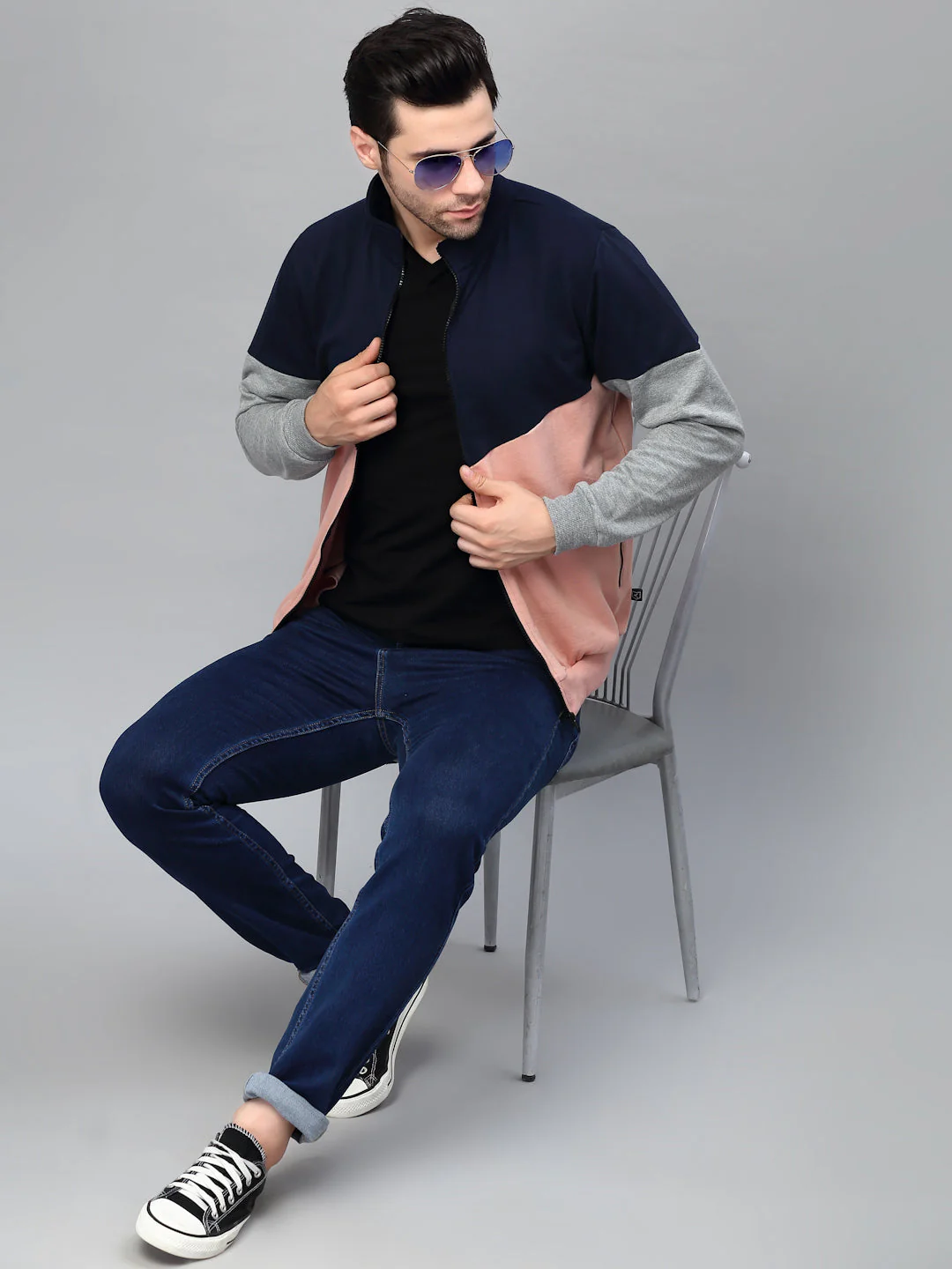 Men Color Blocked High Neck Fleece Jacket - Image 4