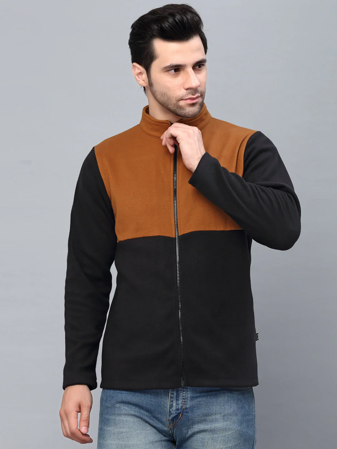 Men Color Blocked High Neck Polar Fleece Jacket - Image 2