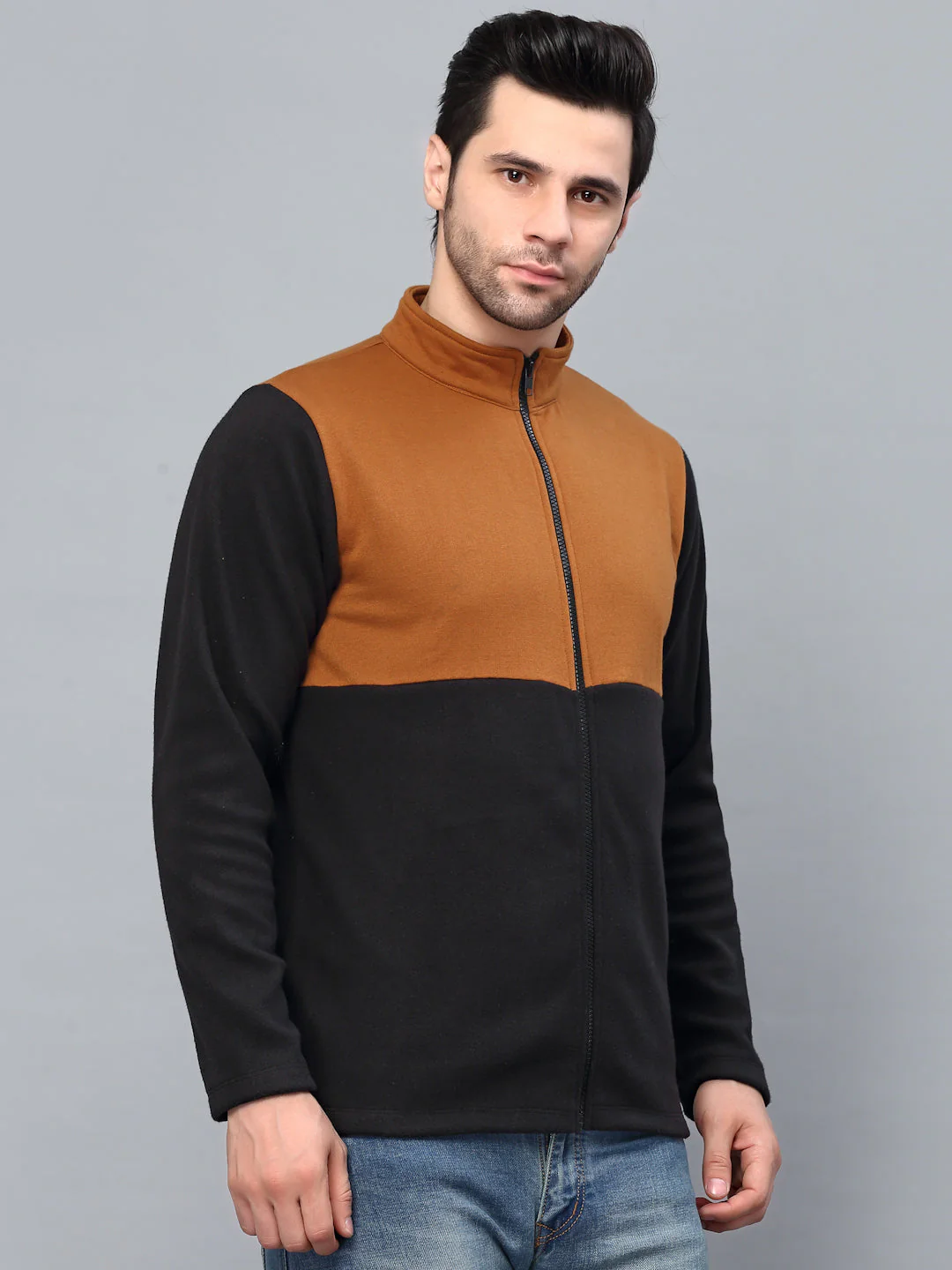 Men Color Blocked High Neck Polar Fleece Jacket - Image 2