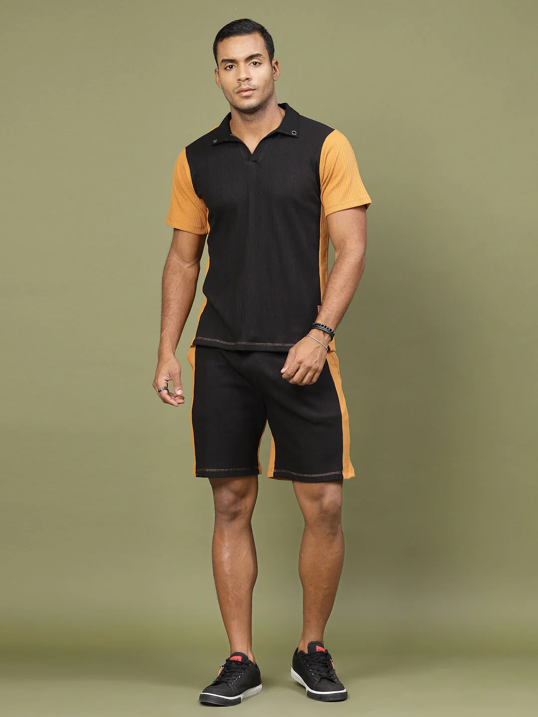 Men Colorblock Rib Polo Co-ords
