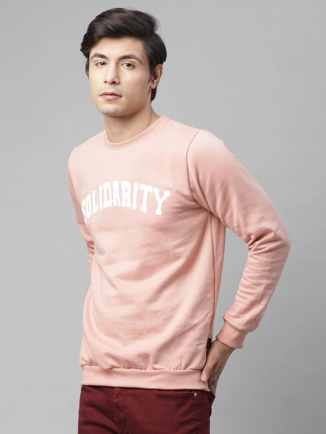 Men Coral Pink Placement Print Round Neck Fleece Sweatshirt - Image 2