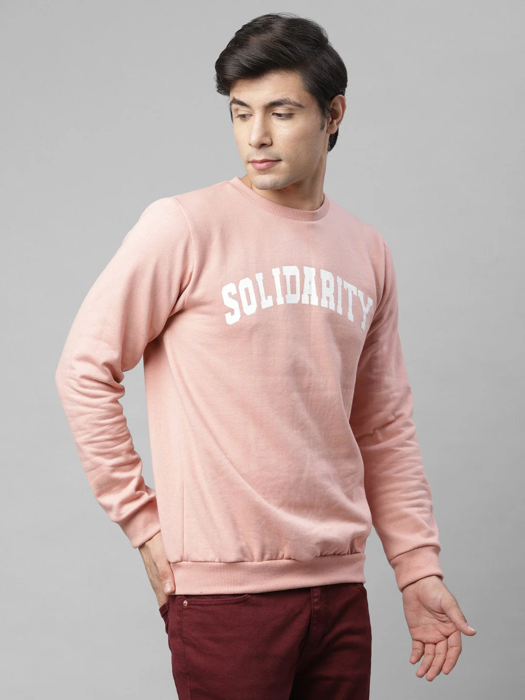 Men Coral Pink Placement Print Round Neck Fleece Sweatshirt - Image 3