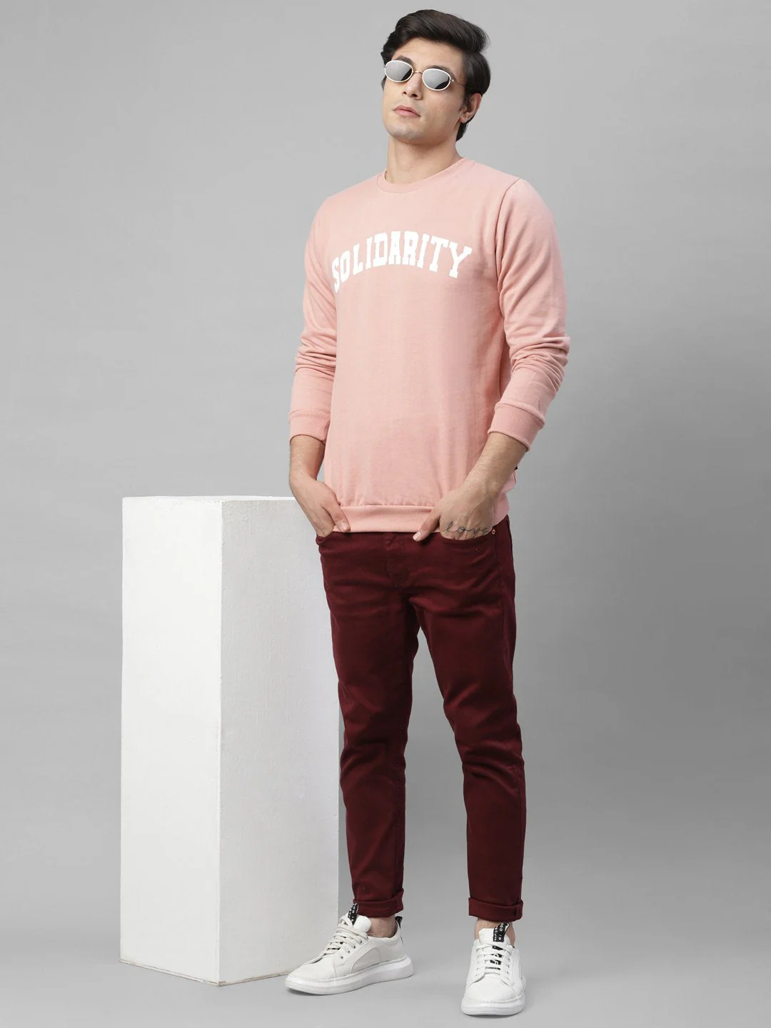 Men Coral Pink Placement Print Round Neck Fleece Sweatshirt - Image 4