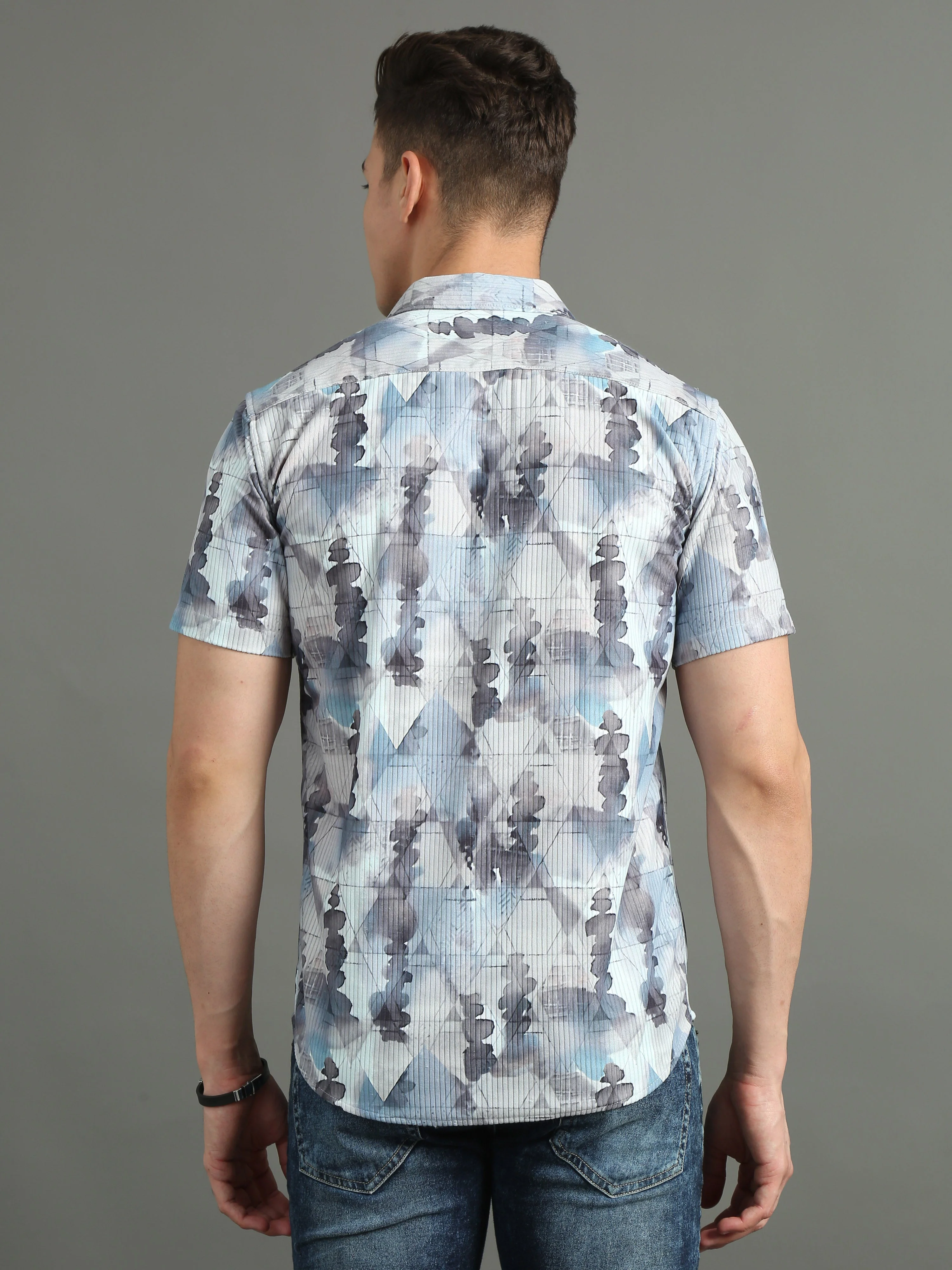 Men Cord Abstract Blue Shirt - Image 3
