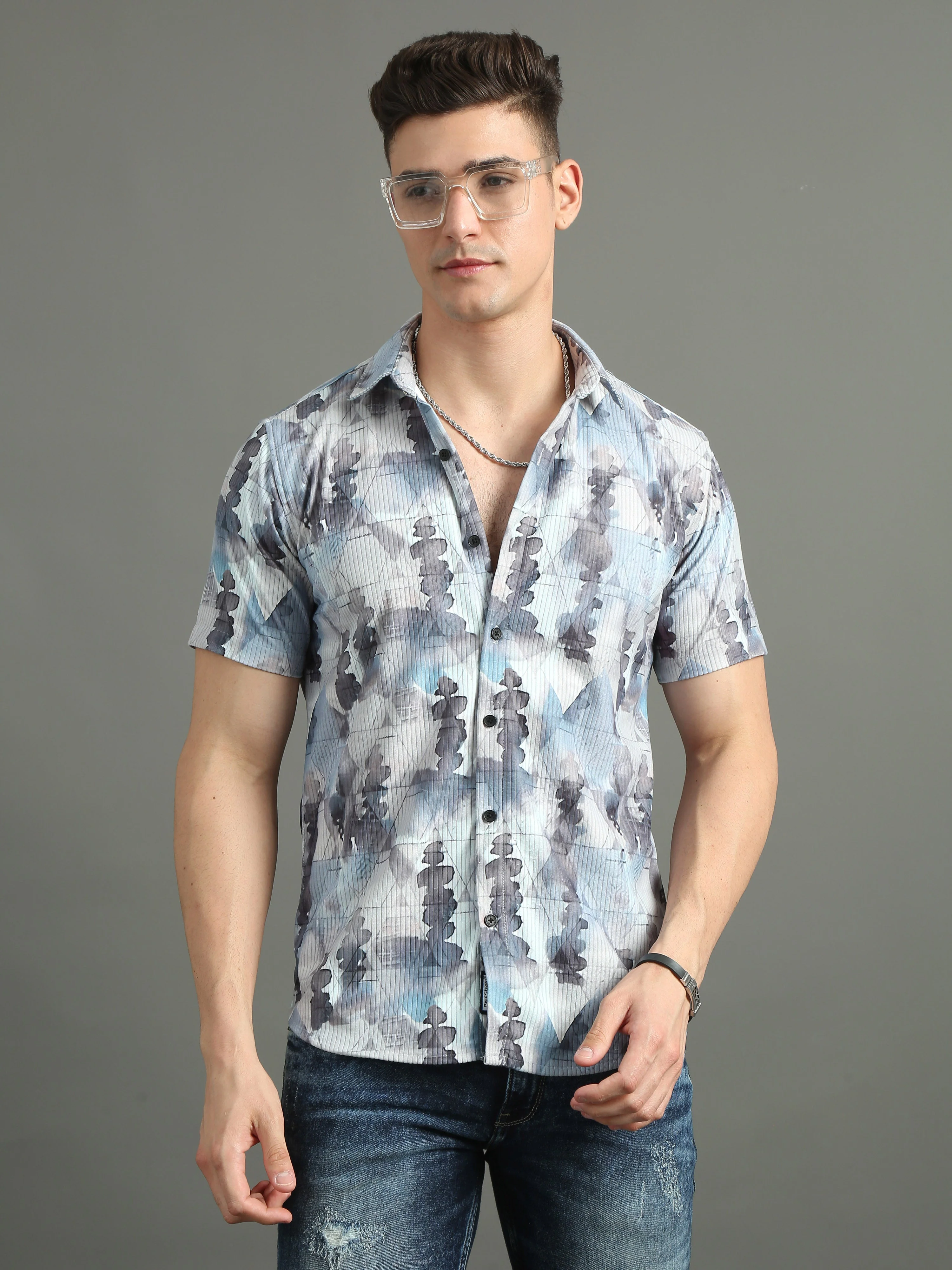 Men Cord Abstract Blue Shirt - Image 4