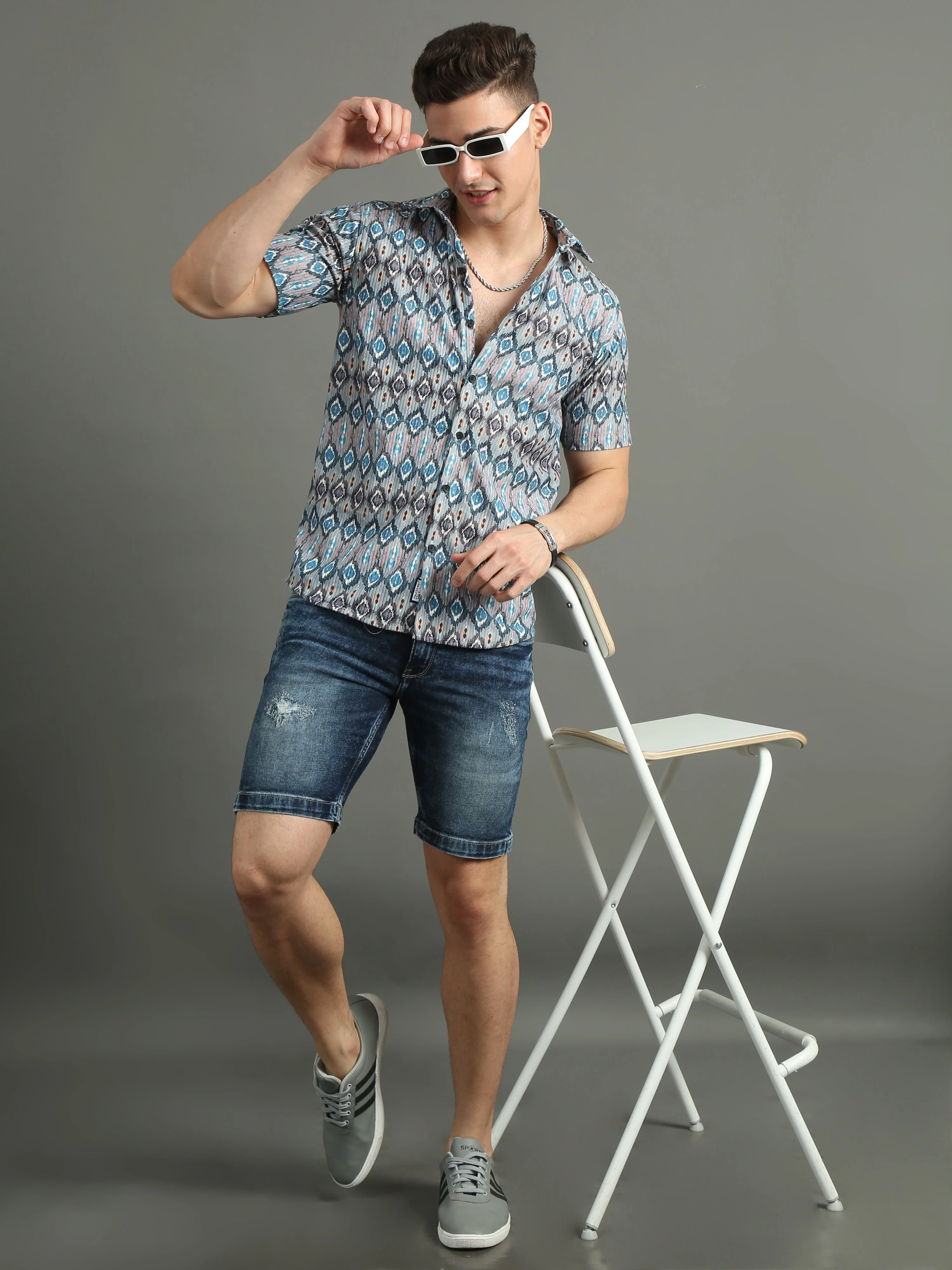Men Cord Abstract Blue Shirt - Image 6