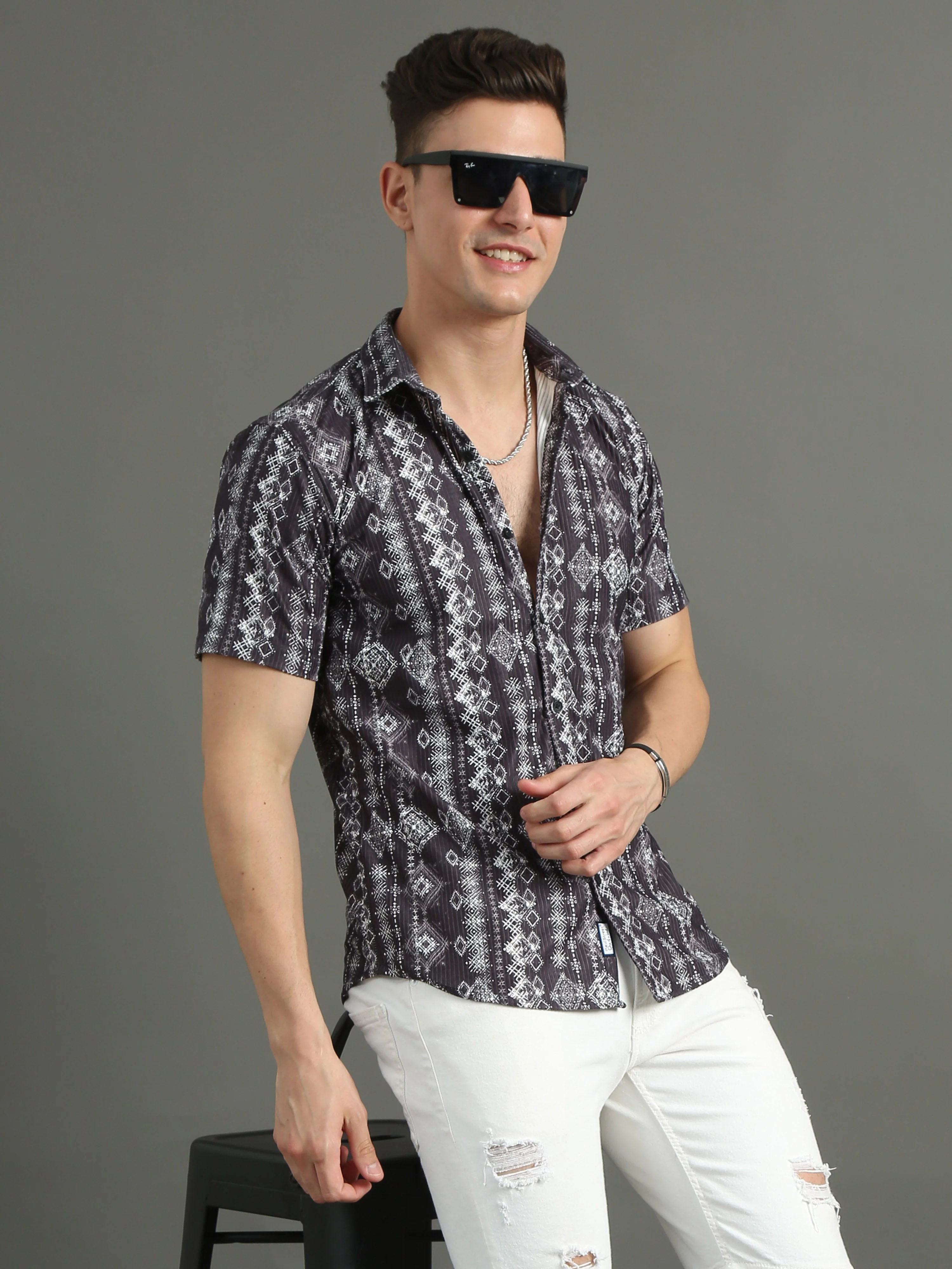 Men Cord Folk Black Shirt