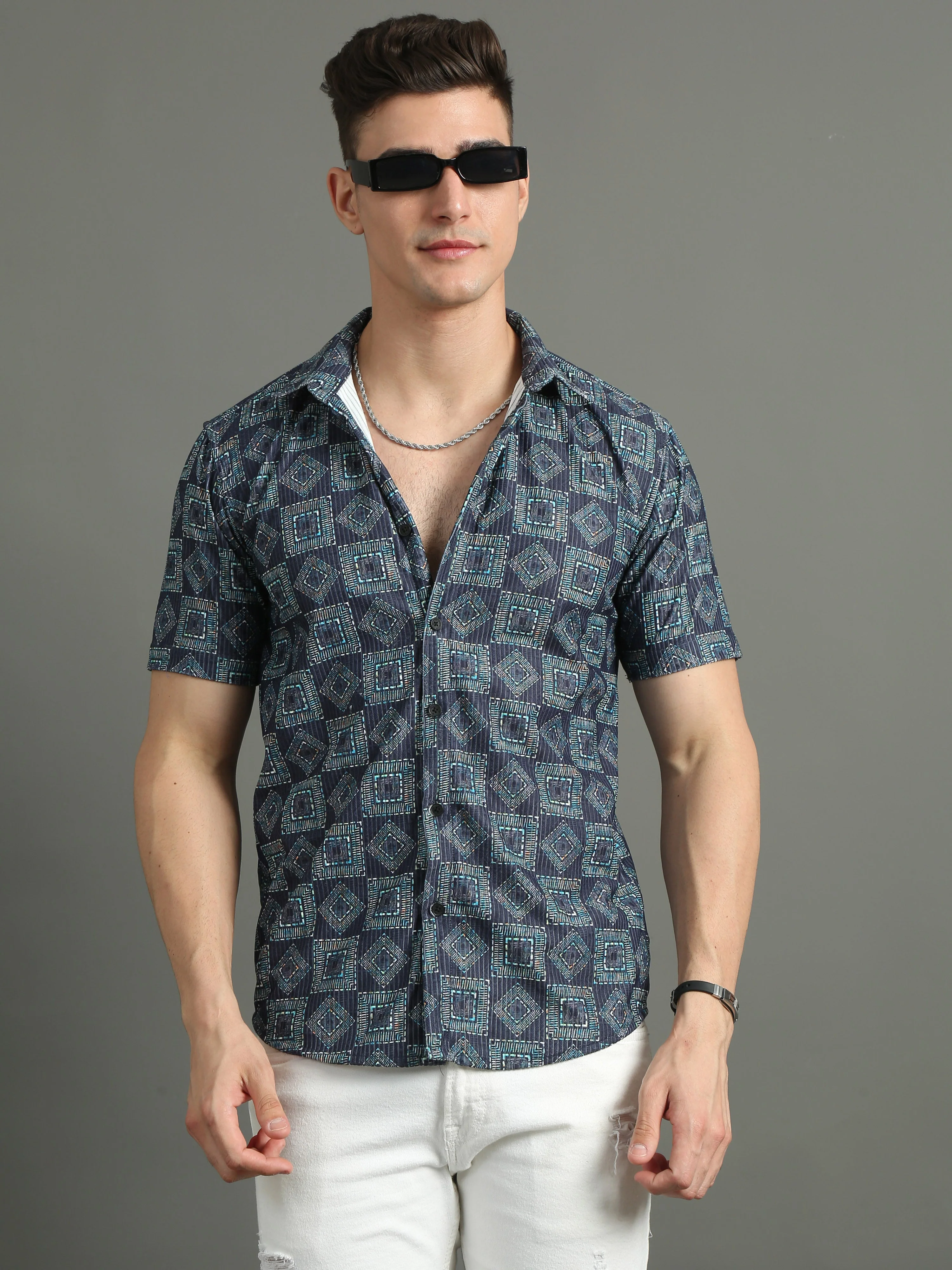 Men Cord Geometric Blue Shirt - Image 2