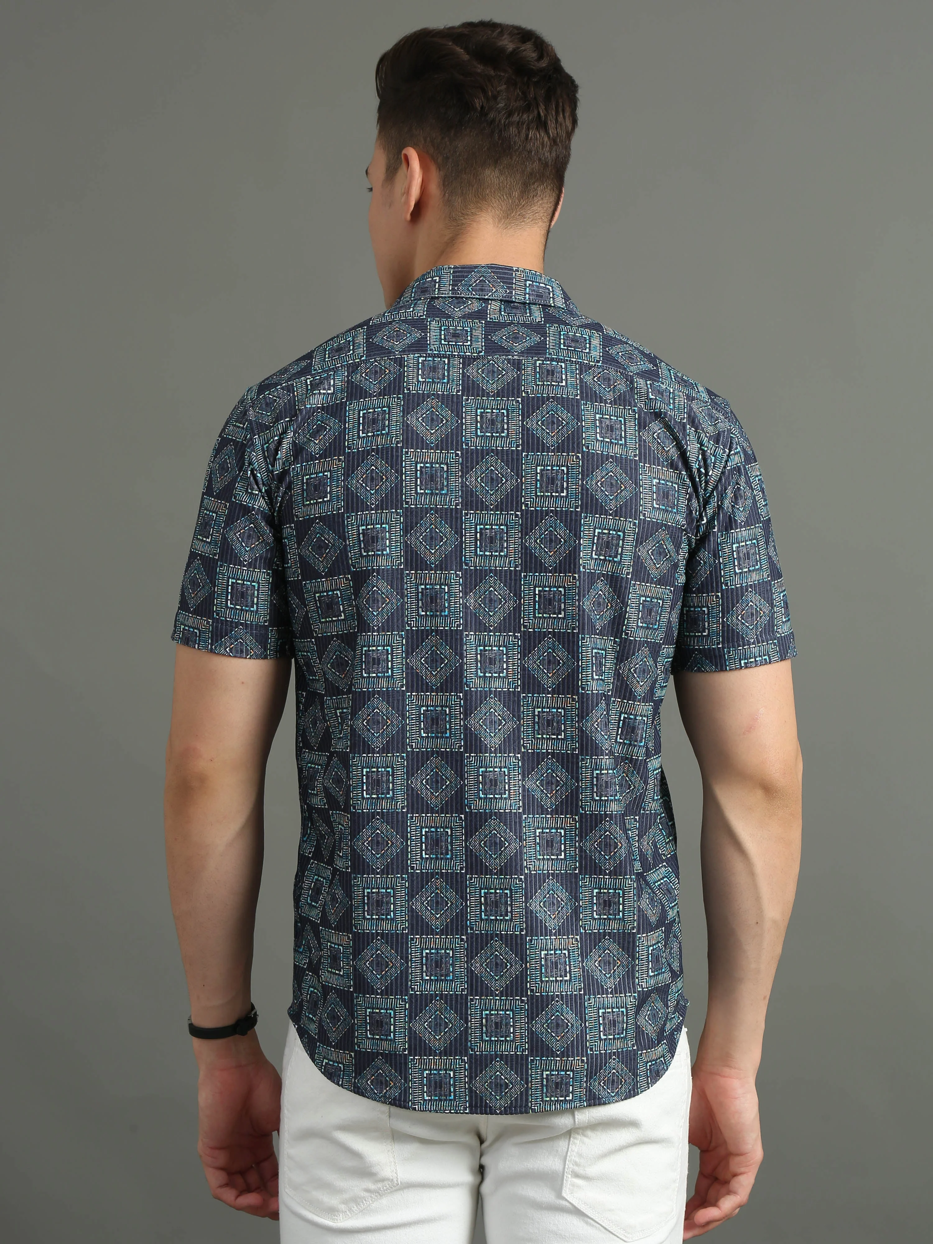 Men Cord Geometric Blue Shirt - Image 3