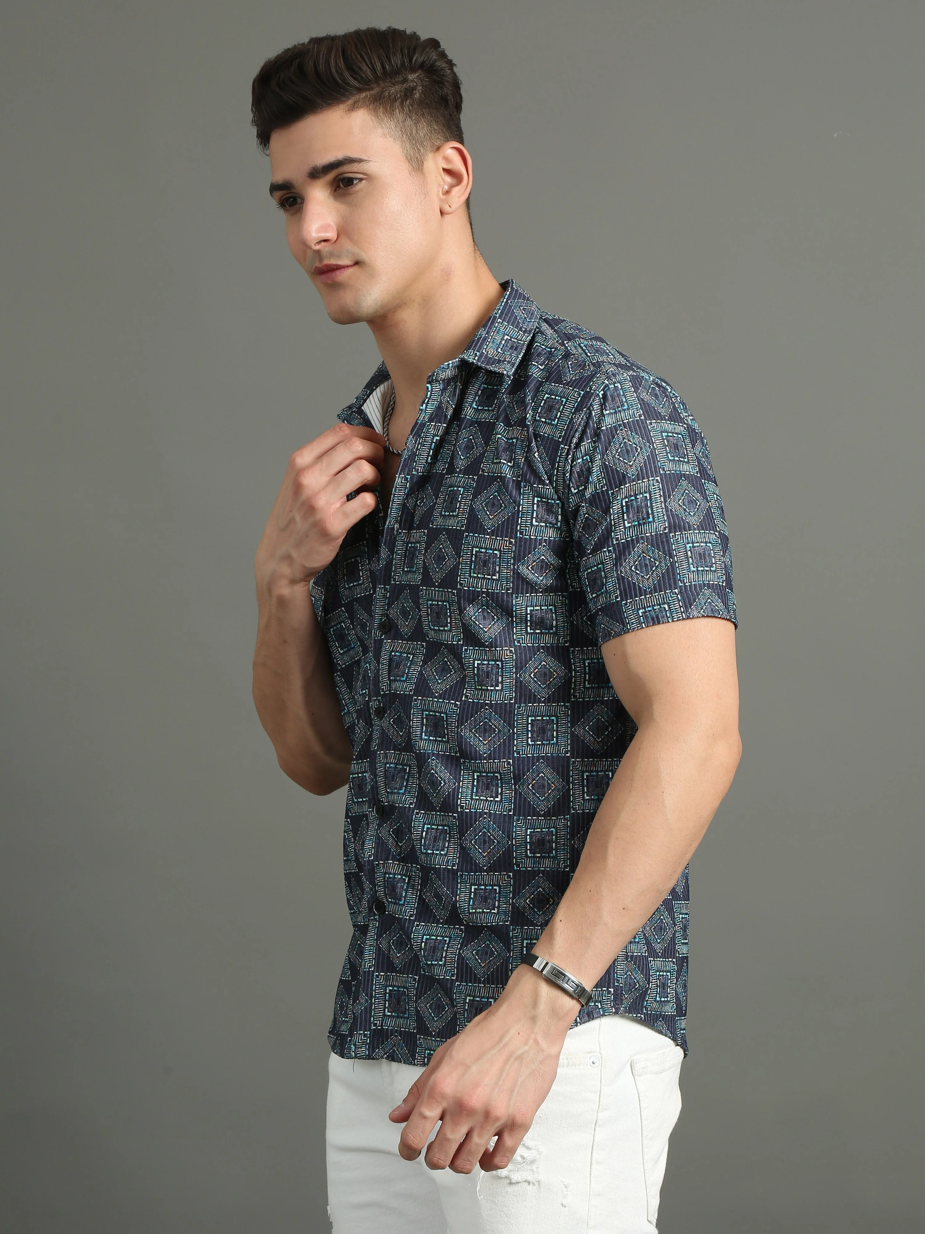 Men Cord Geometric Blue Shirt - Image 5