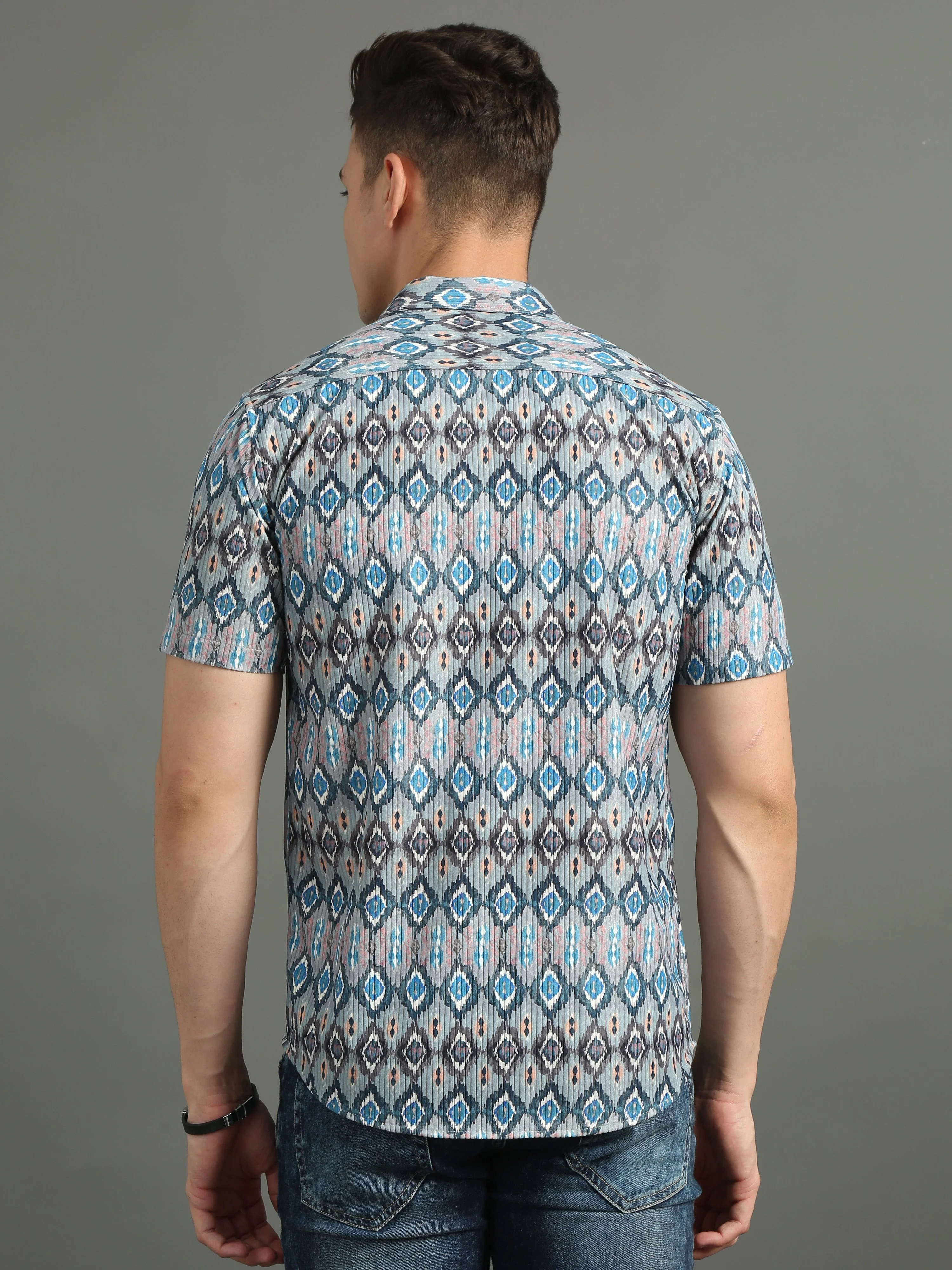 Men Cord Motif Blue Shirt - Image 3