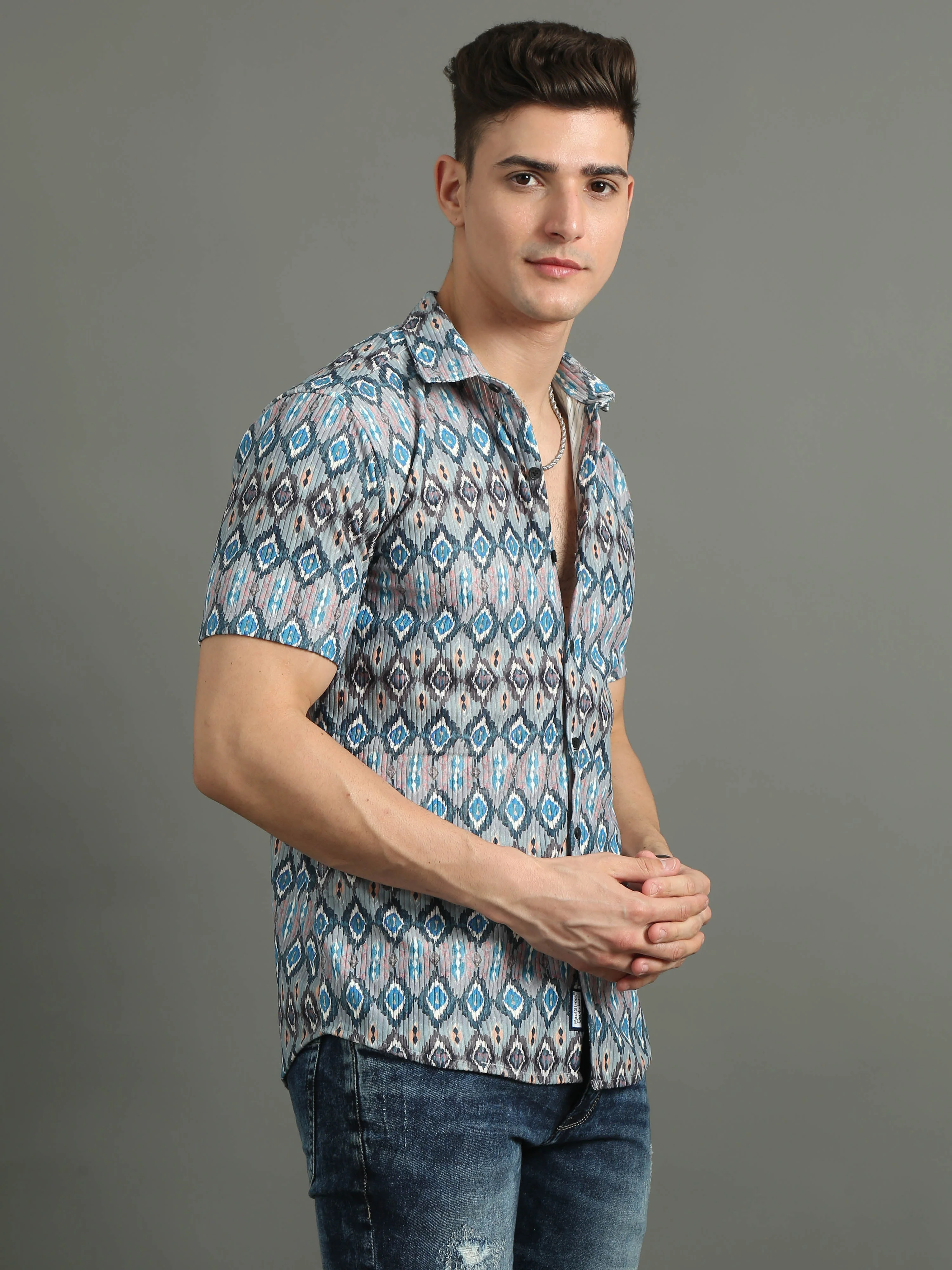 Men Cord Motif Blue Shirt - Image 5