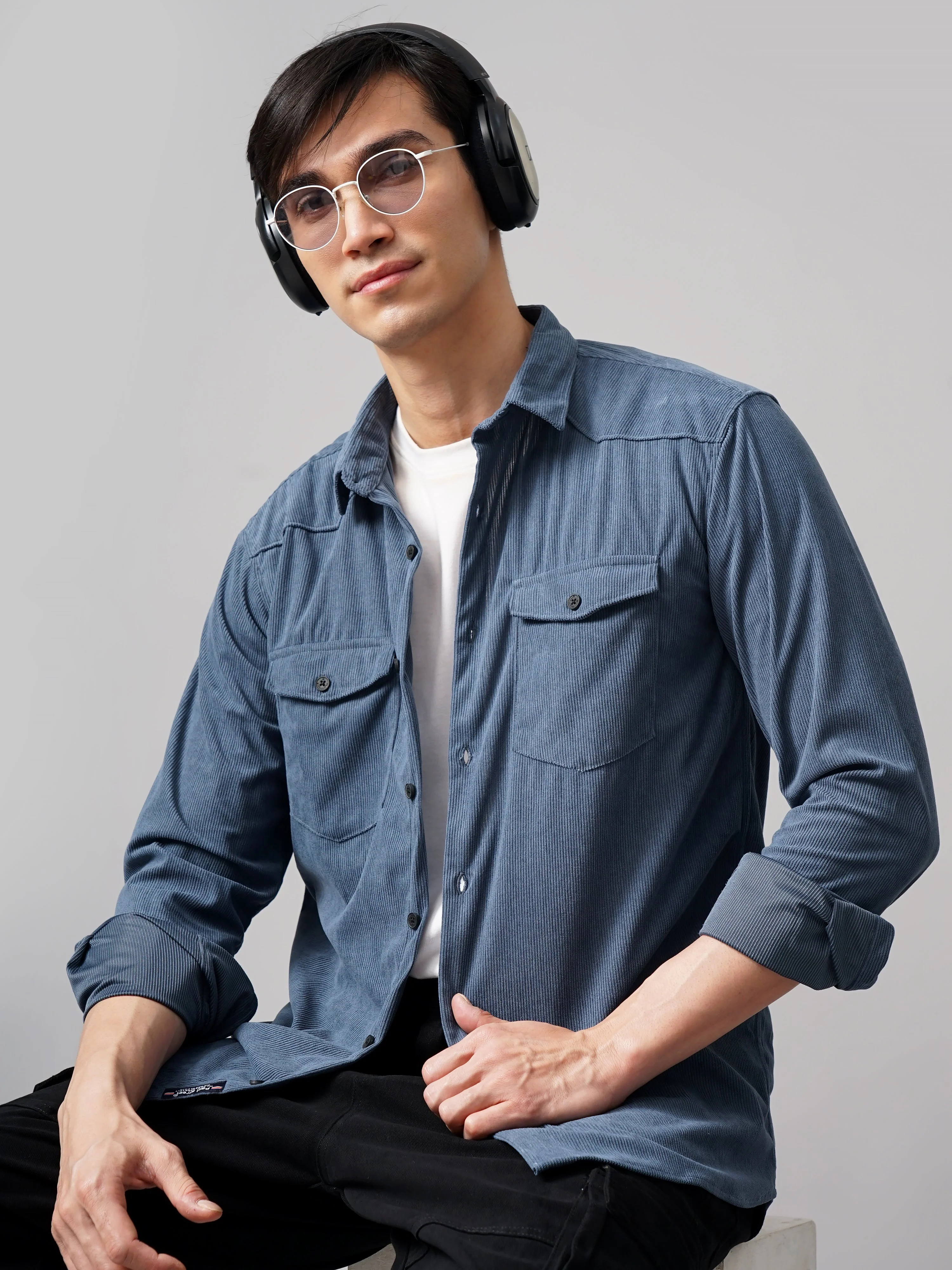 Men Cordage Double Pocket Blue Shirt