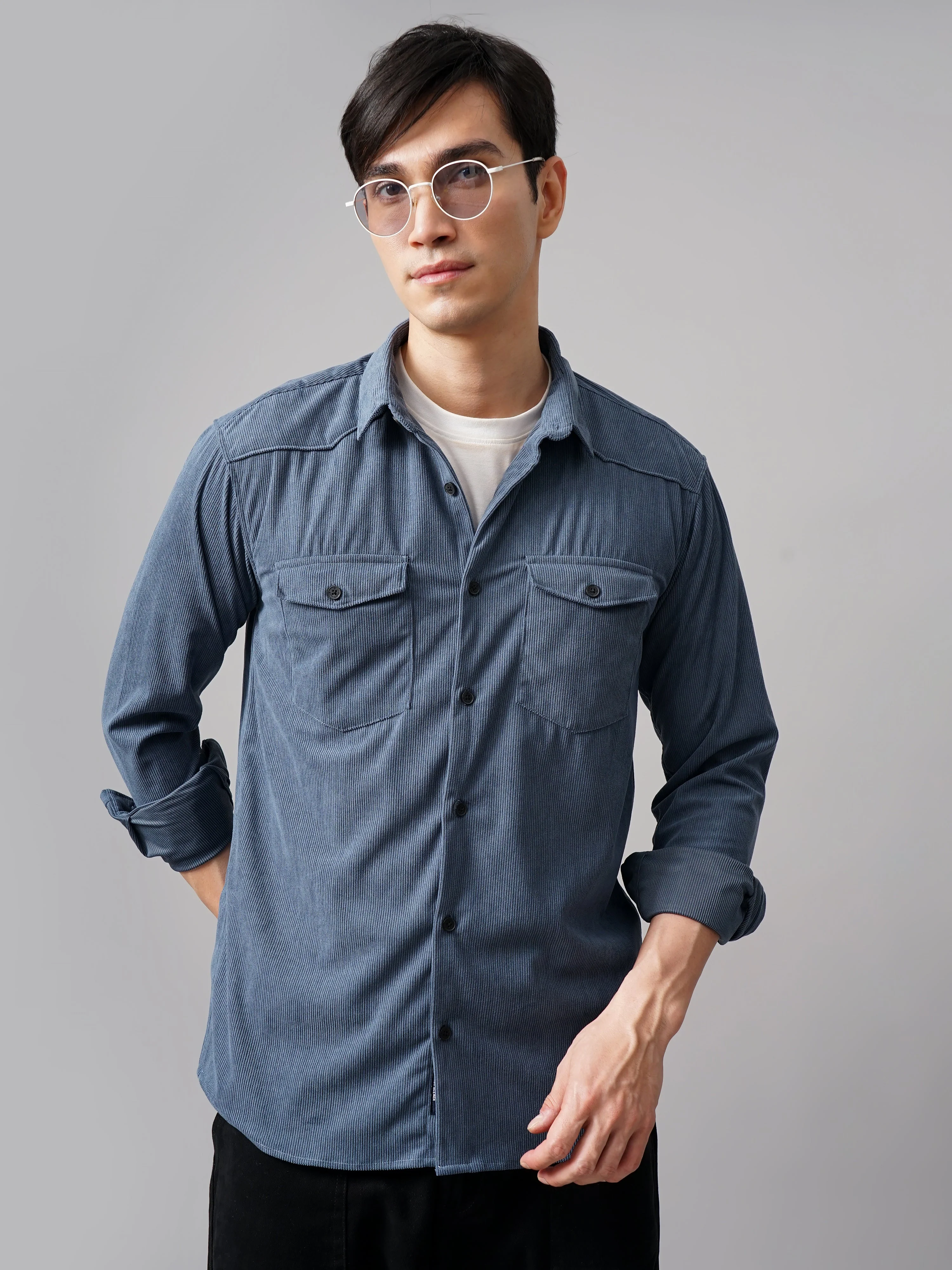 Men Cordage Double Pocket Blue Shirt - Image 2