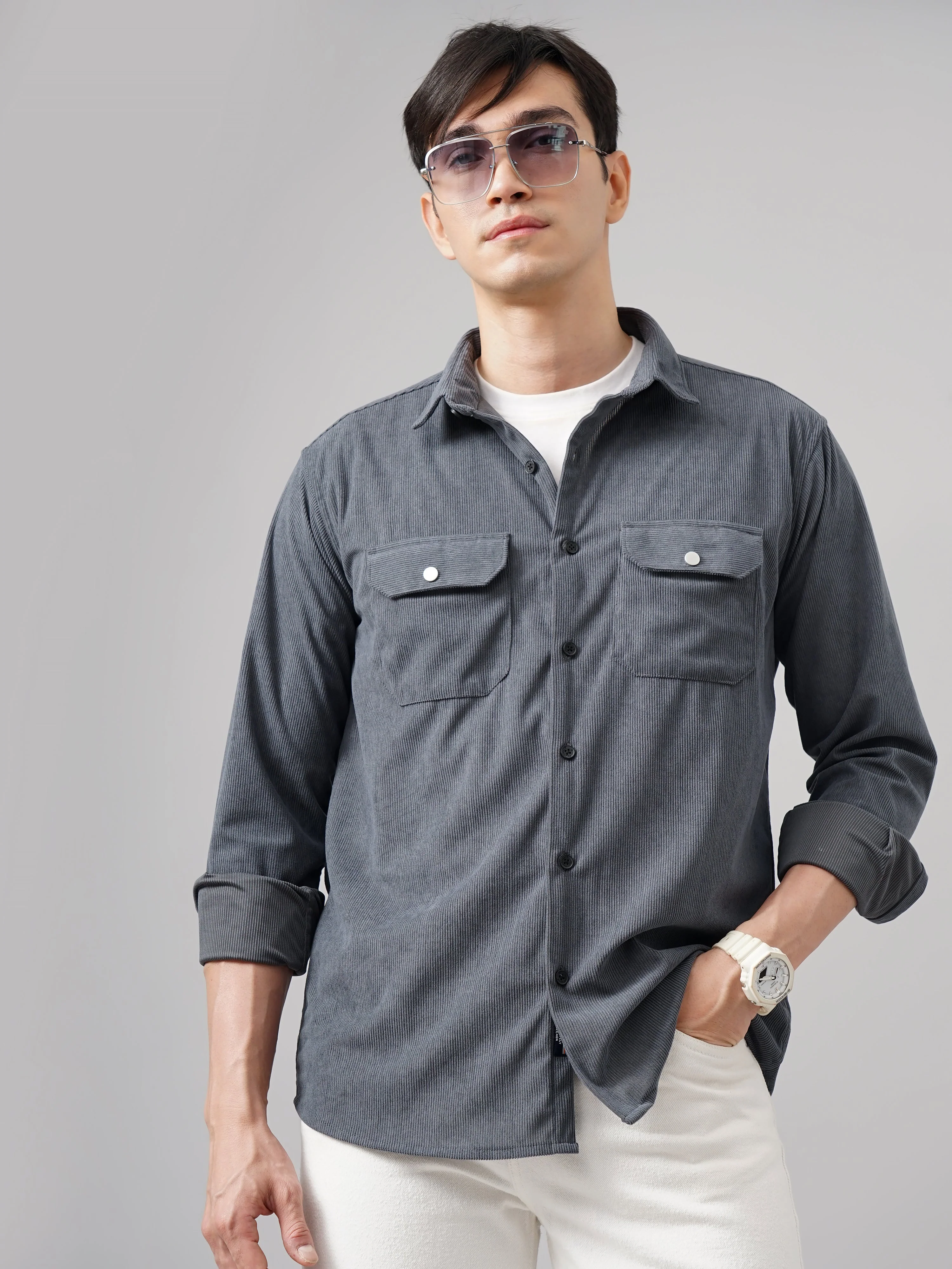 Men Cordtex Double Pocket Grey Shirt - Image 3
