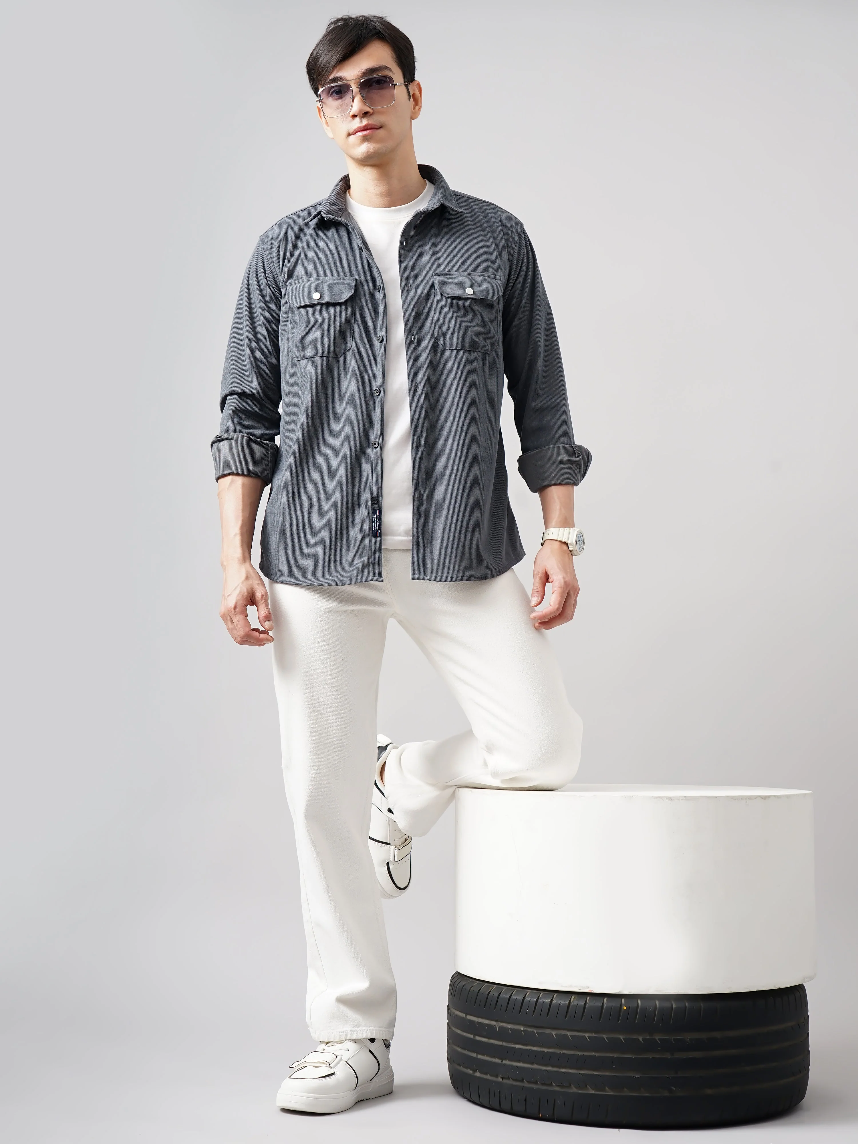 Men Cordtex Double Pocket Grey Shirt - Image 5