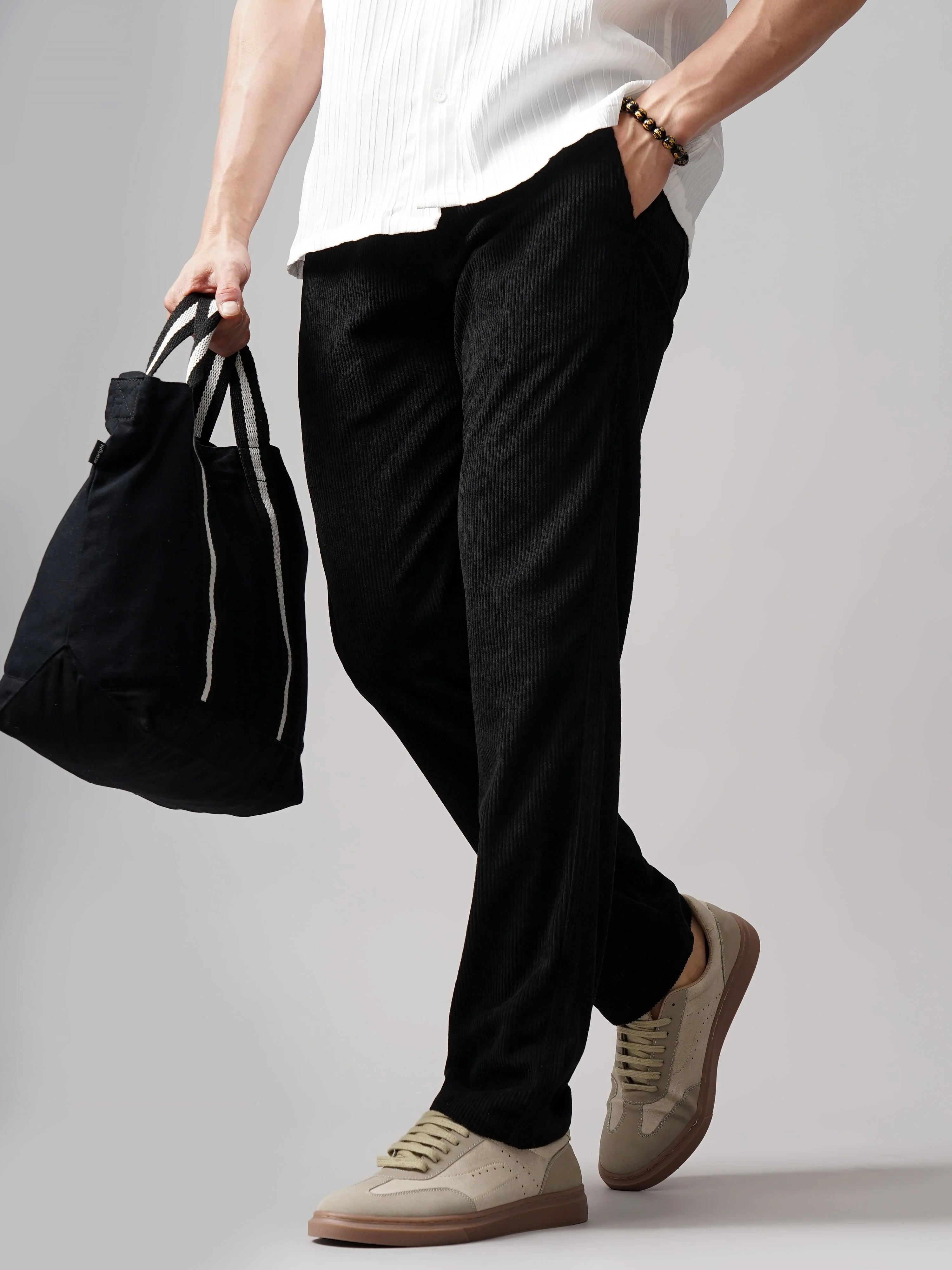 Men Corduroy Black Regular Fit Pant - Image 3