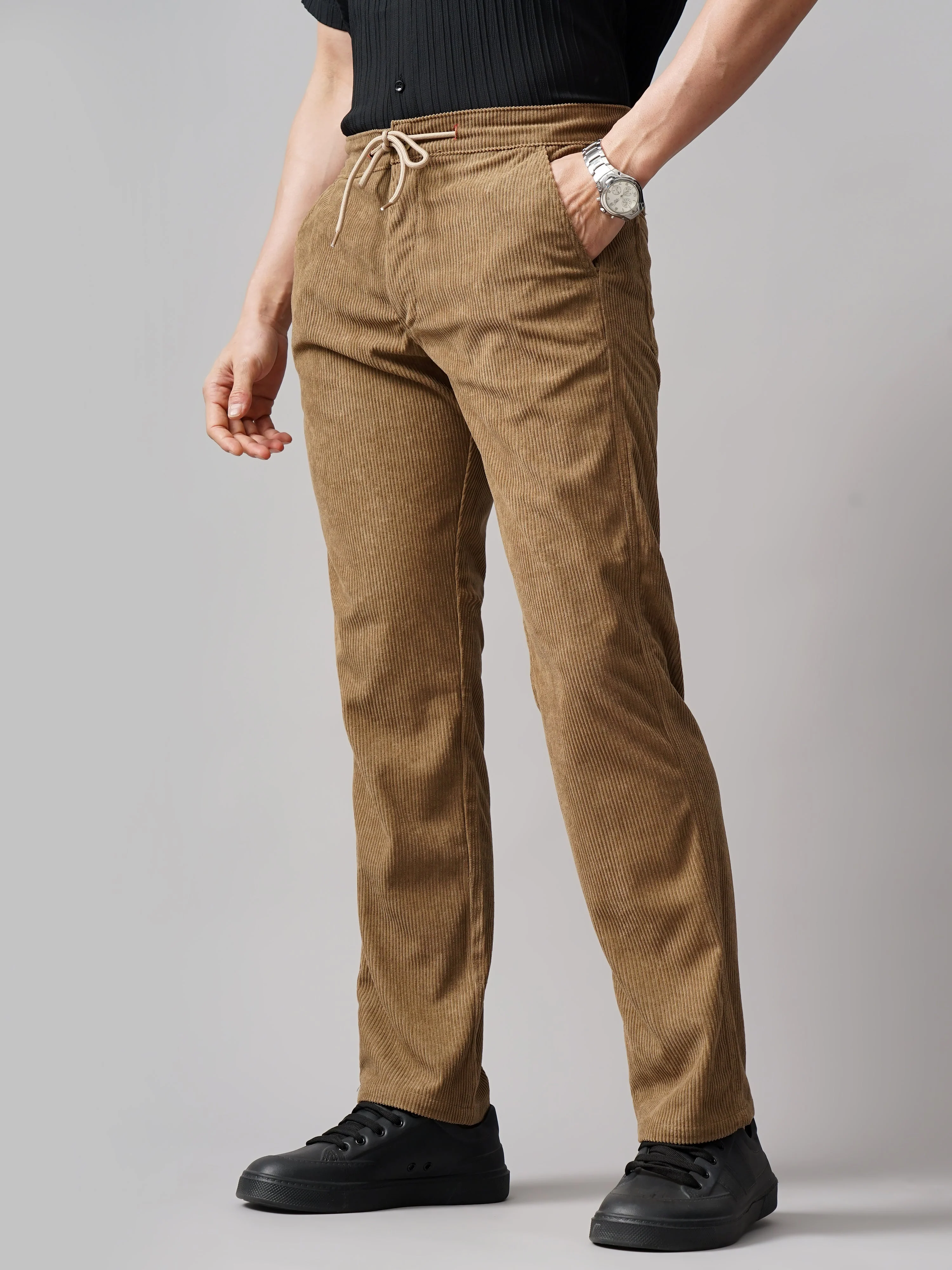 Men Corduroy Brown Regular Fit Pant - Image 3