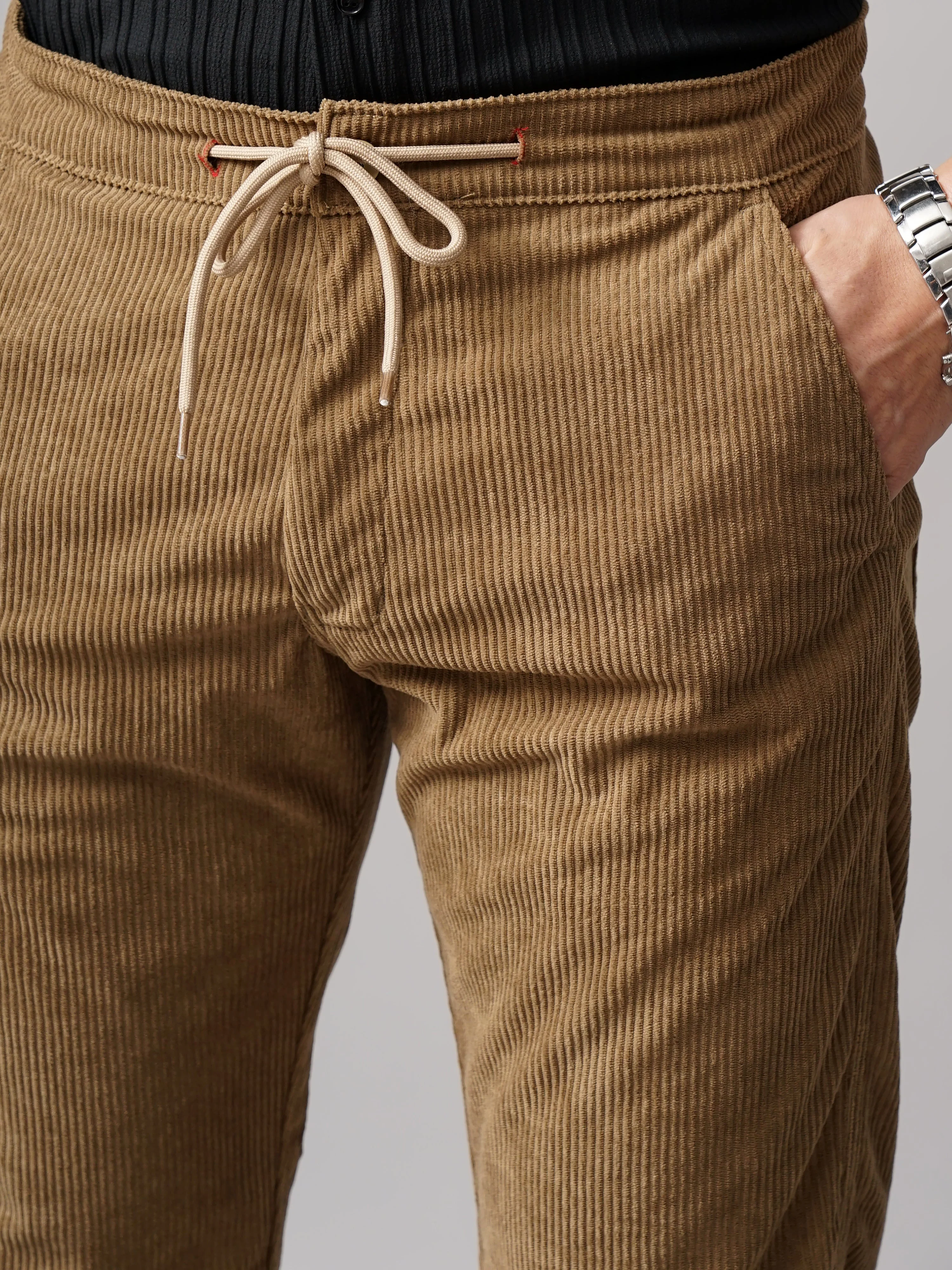 Men Corduroy Brown Regular Fit Pant - Image 4