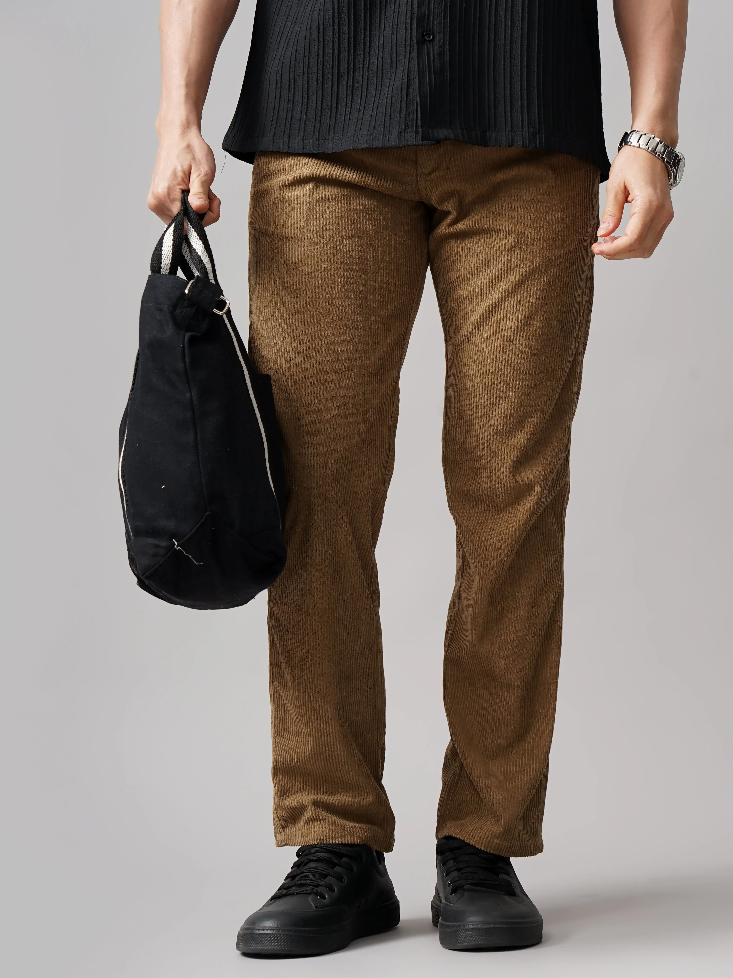 Men Corduroy Brown Regular Fit Pant - Image 5