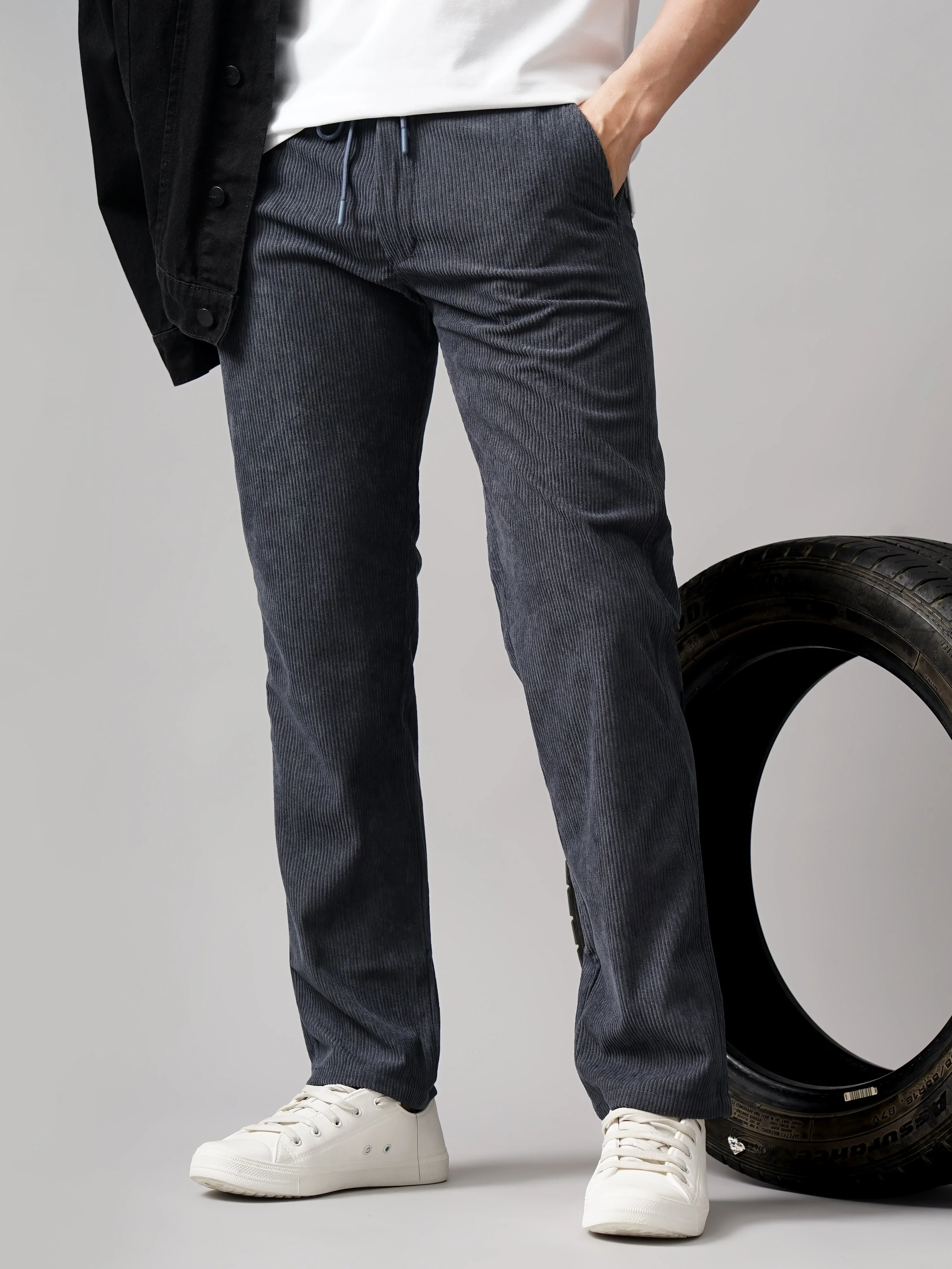 Men Corduroy Charcoal Regular Fit Pant - Image 3