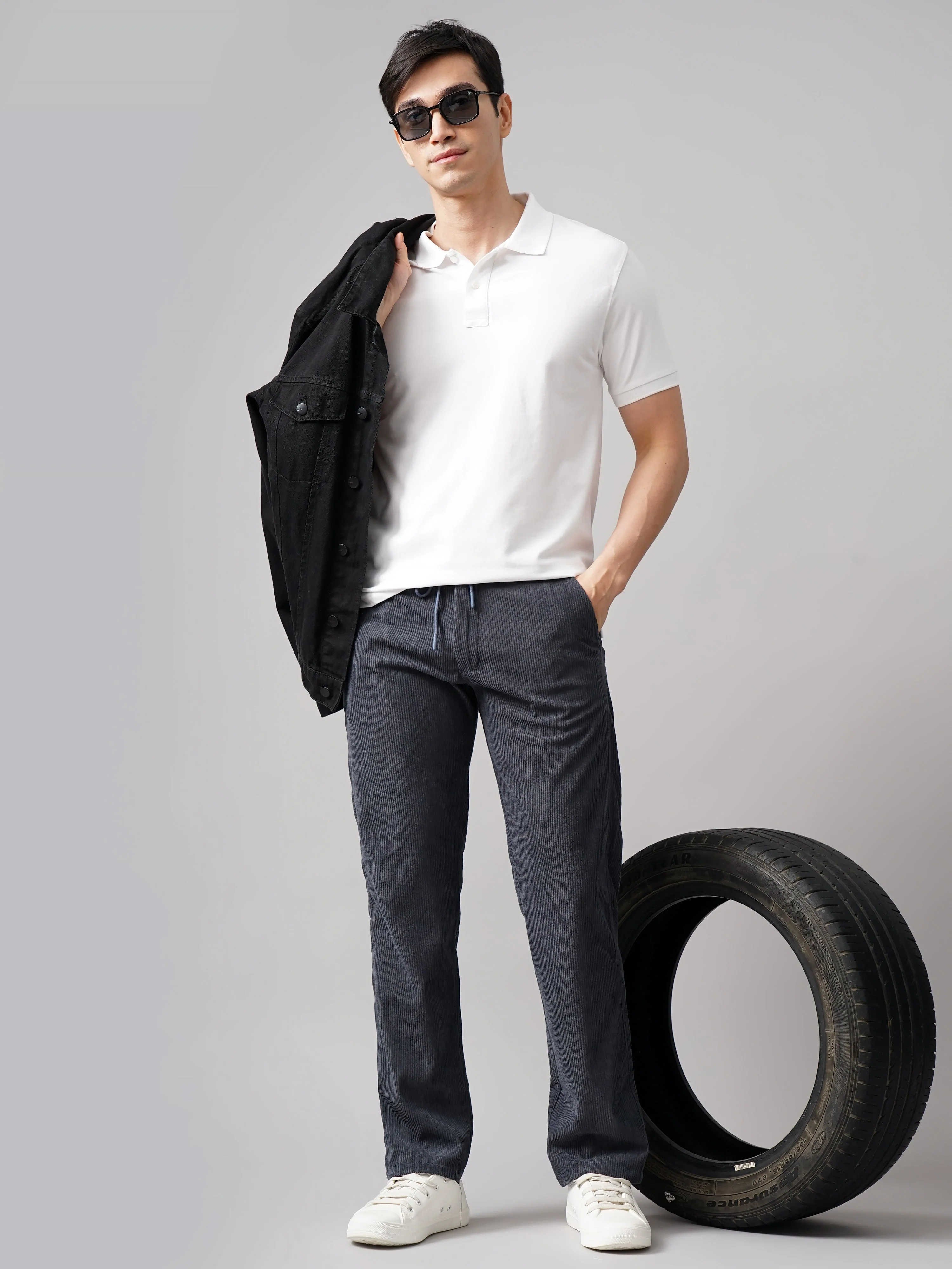 Men Corduroy Charcoal Regular Fit Pant - Image 5