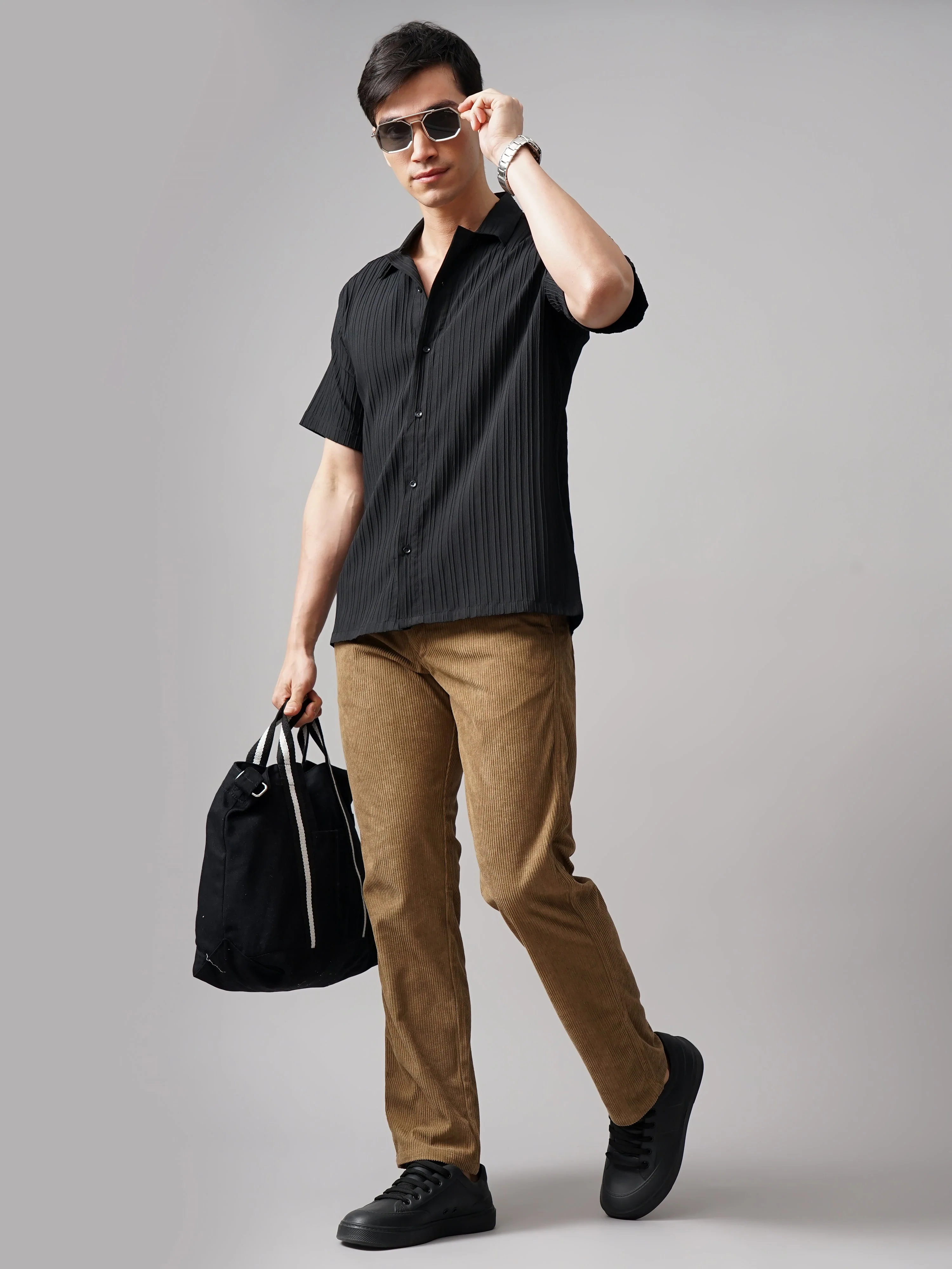 Men Corduroy Charcoal Regular Fit Pant - Image 6