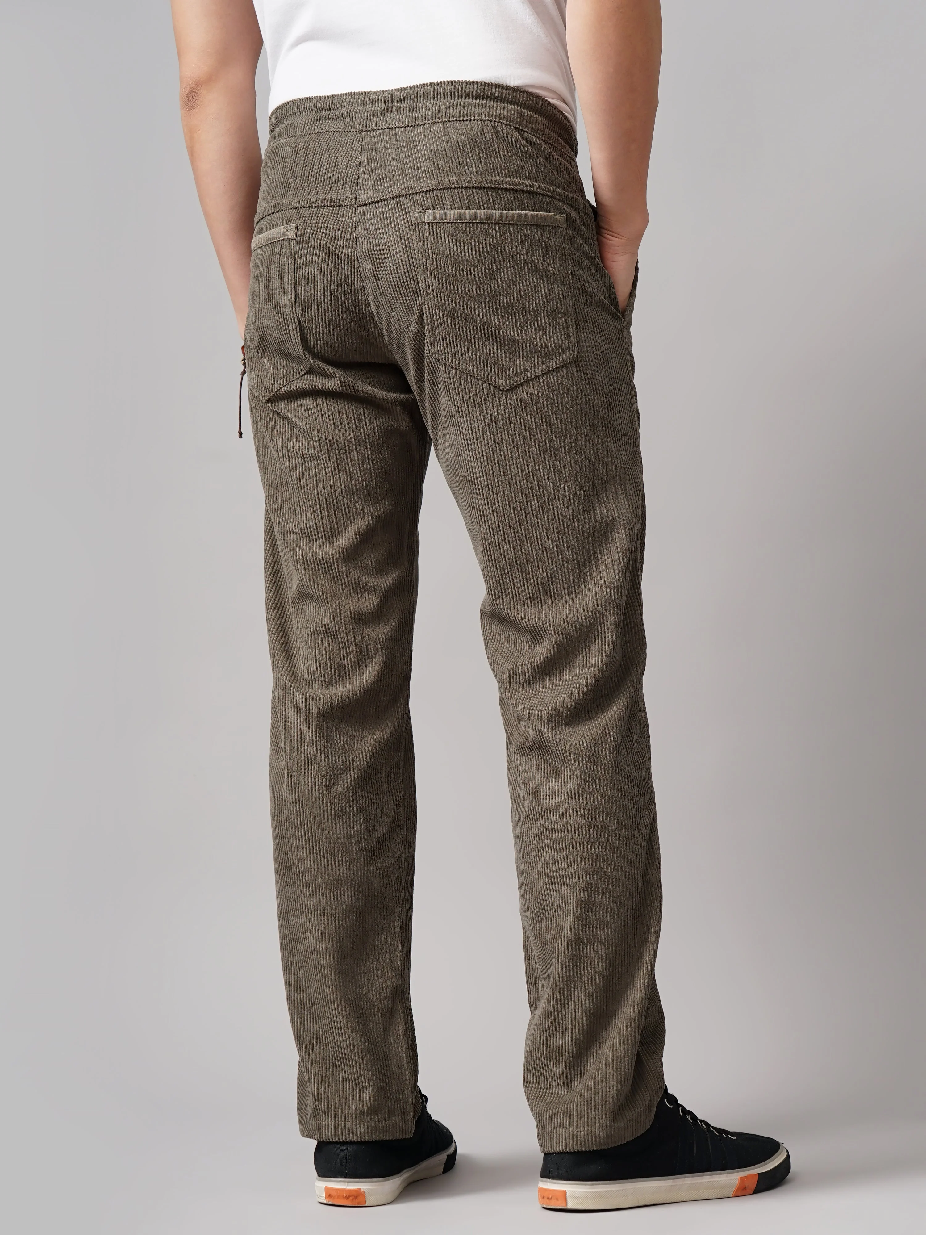 Men Corduroy Olive Regular Fit Pant - Image 2