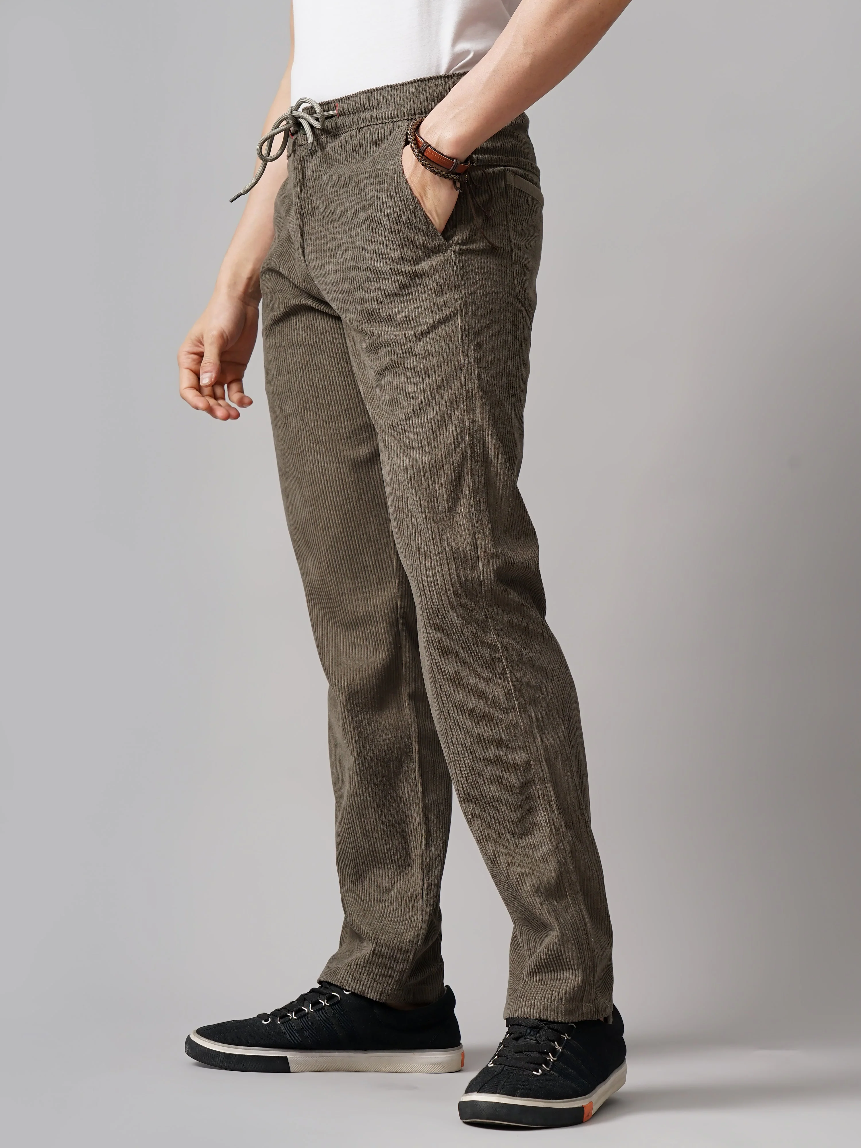 Men Corduroy Olive Regular Fit Pant - Image 3