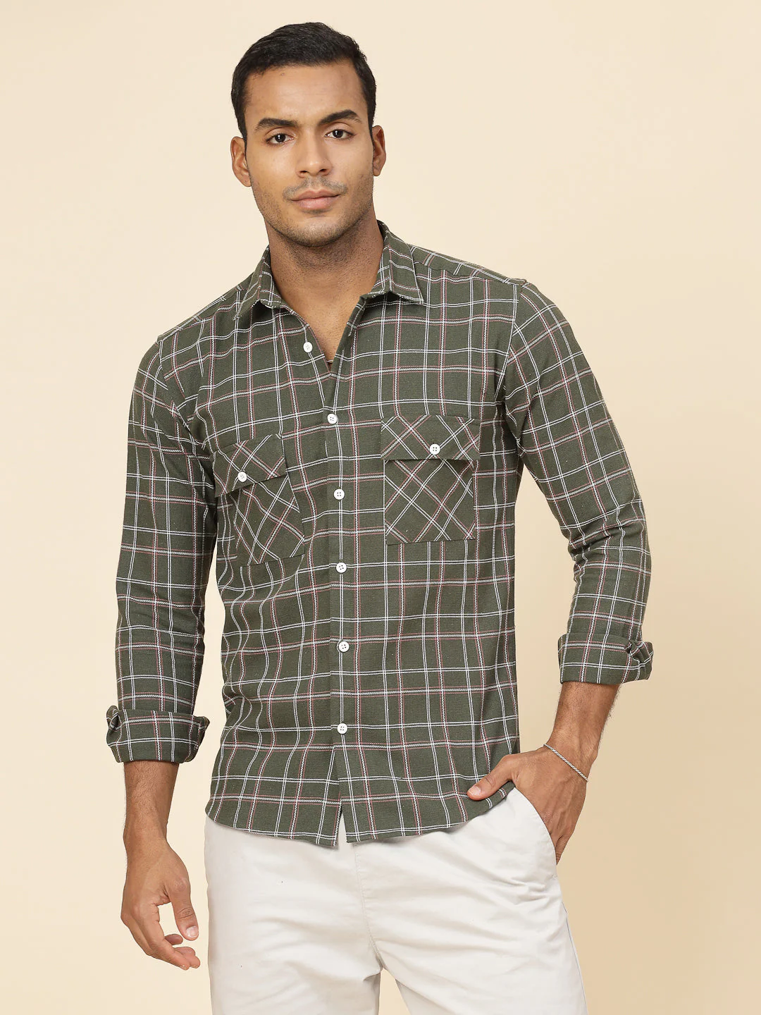 Men Cotton Fabric Checks Tailored Utility Shirt - Image 2