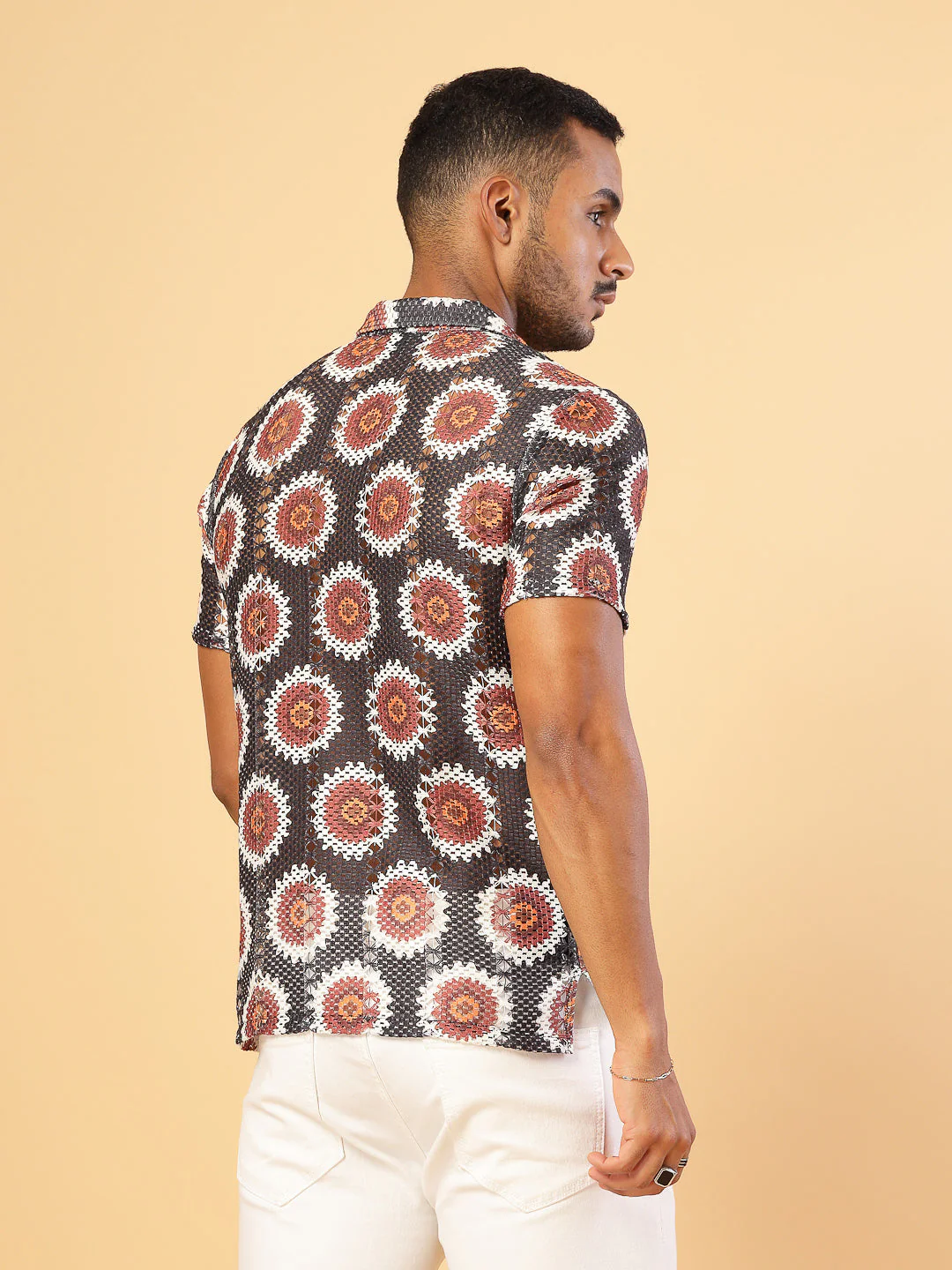 Men Cotton Fabric Crochet Botanical Polo Slim FiT-Shirt - Image 2