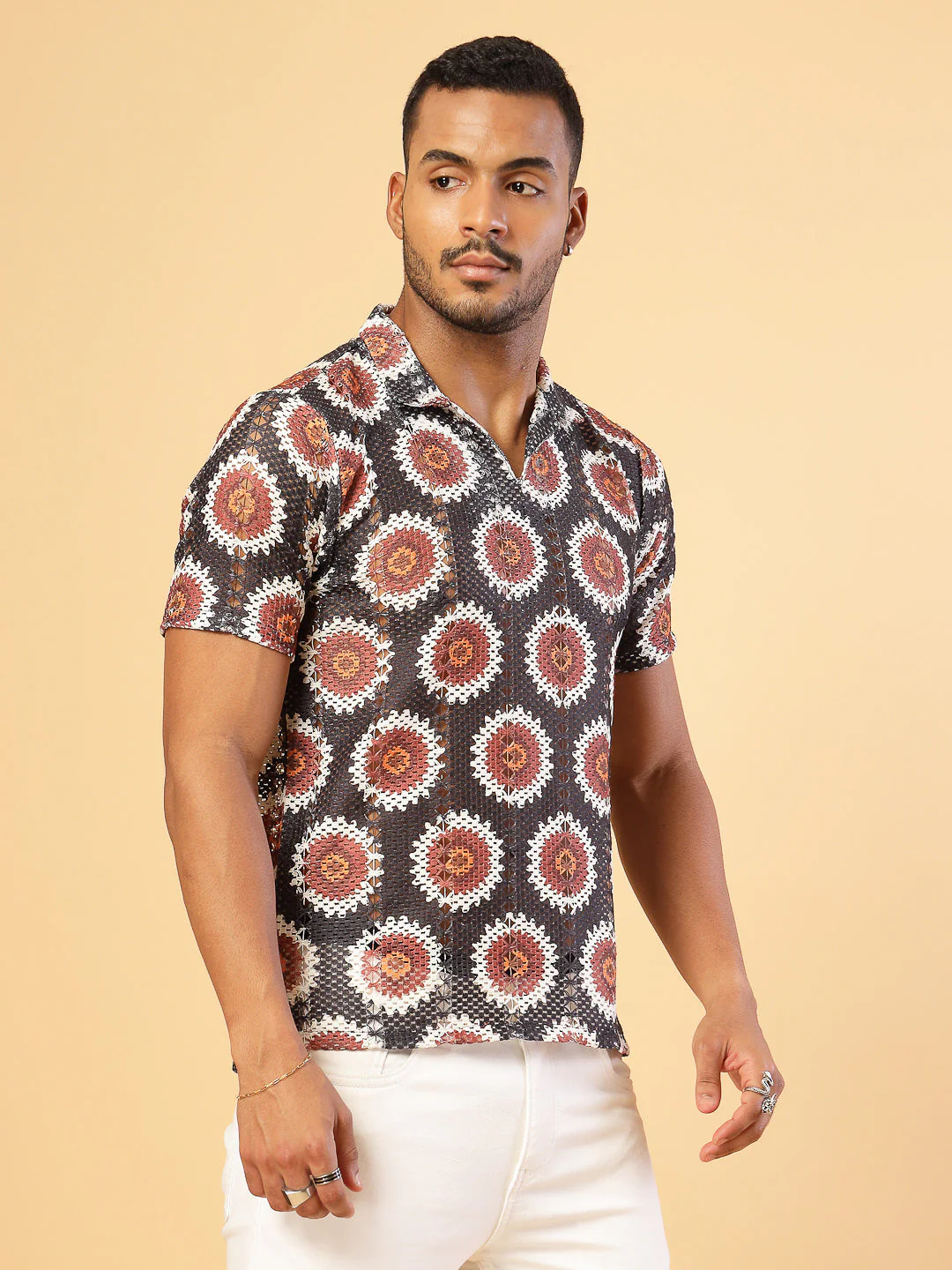 Men Cotton Fabric Crochet Botanical Polo Slim FiT-Shirt - Image 3