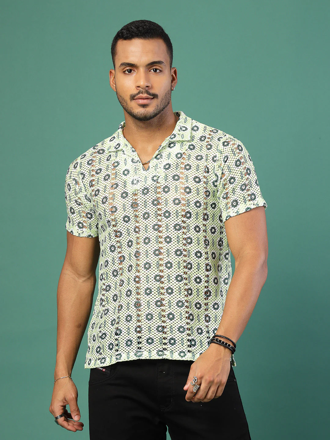 Men Cotton Fabric Crochet Botanical Polo Slim FiT-Shirt - Image 2