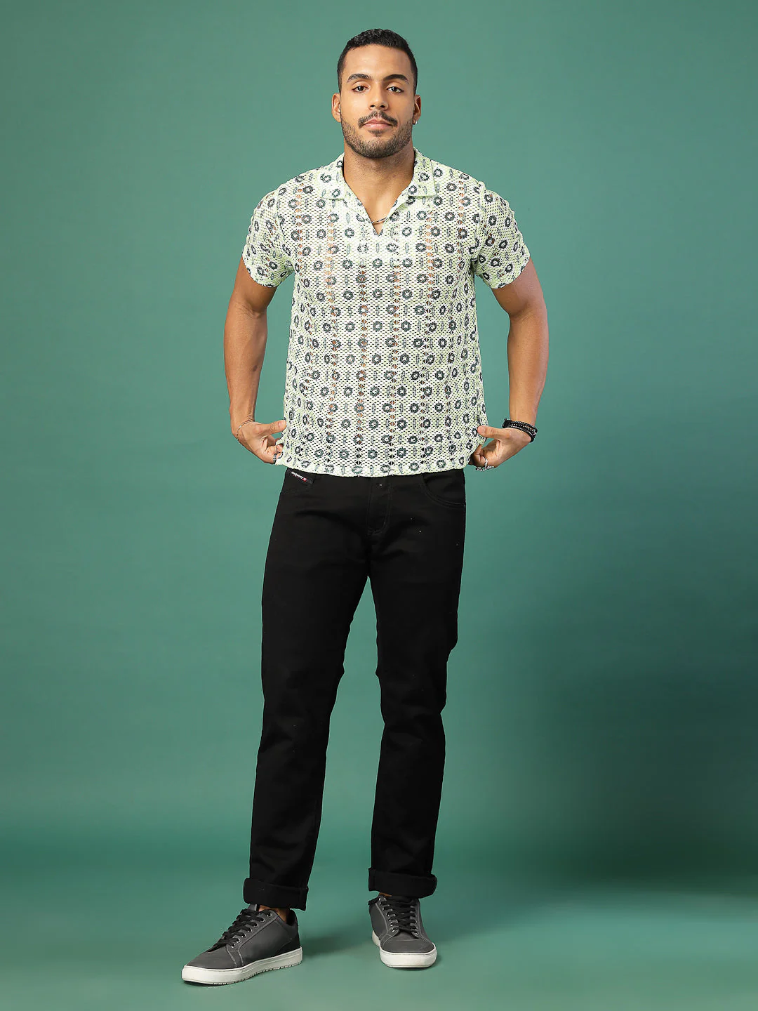 Men Cotton Fabric Crochet Botanical Polo Slim FiT-Shirt - Image 3