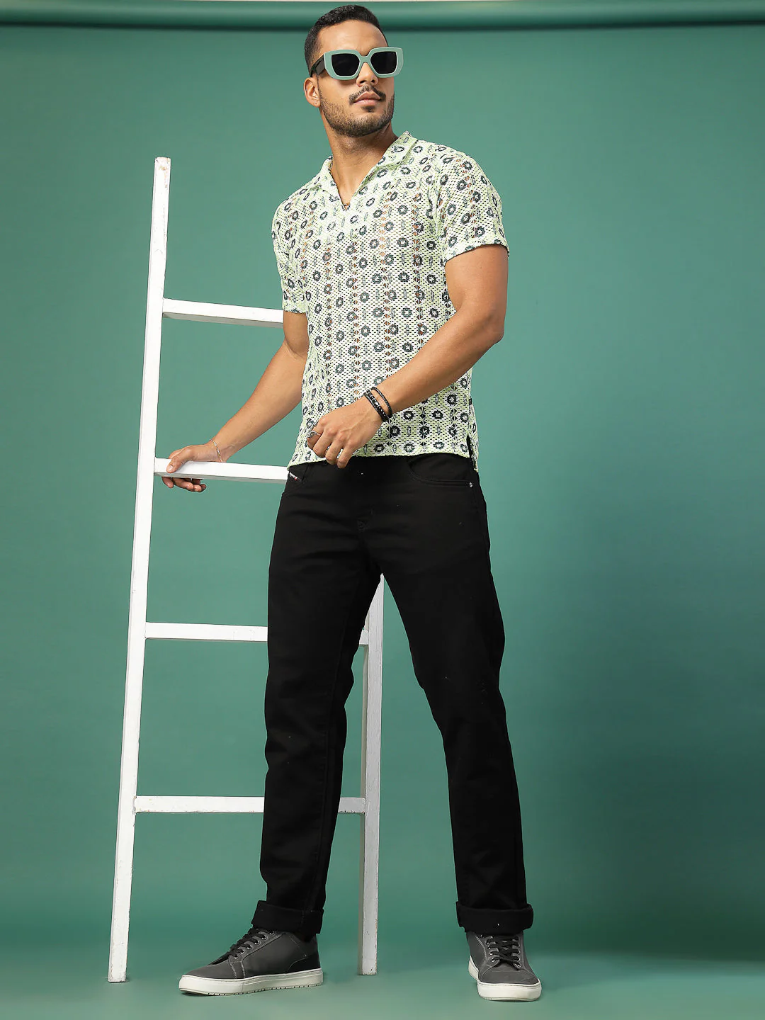 Men Cotton Fabric Crochet Botanical Polo Slim FiT-Shirt - Image 4