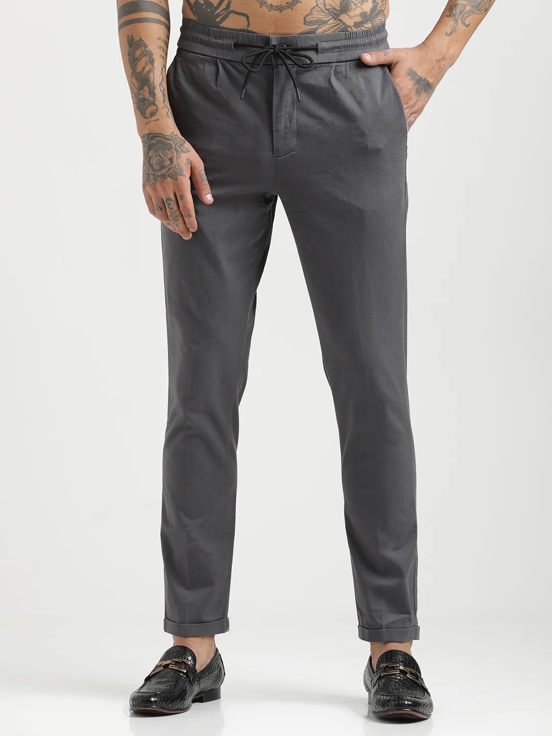 Men Cotton Drawstring Trousers with Pockets - Image 2