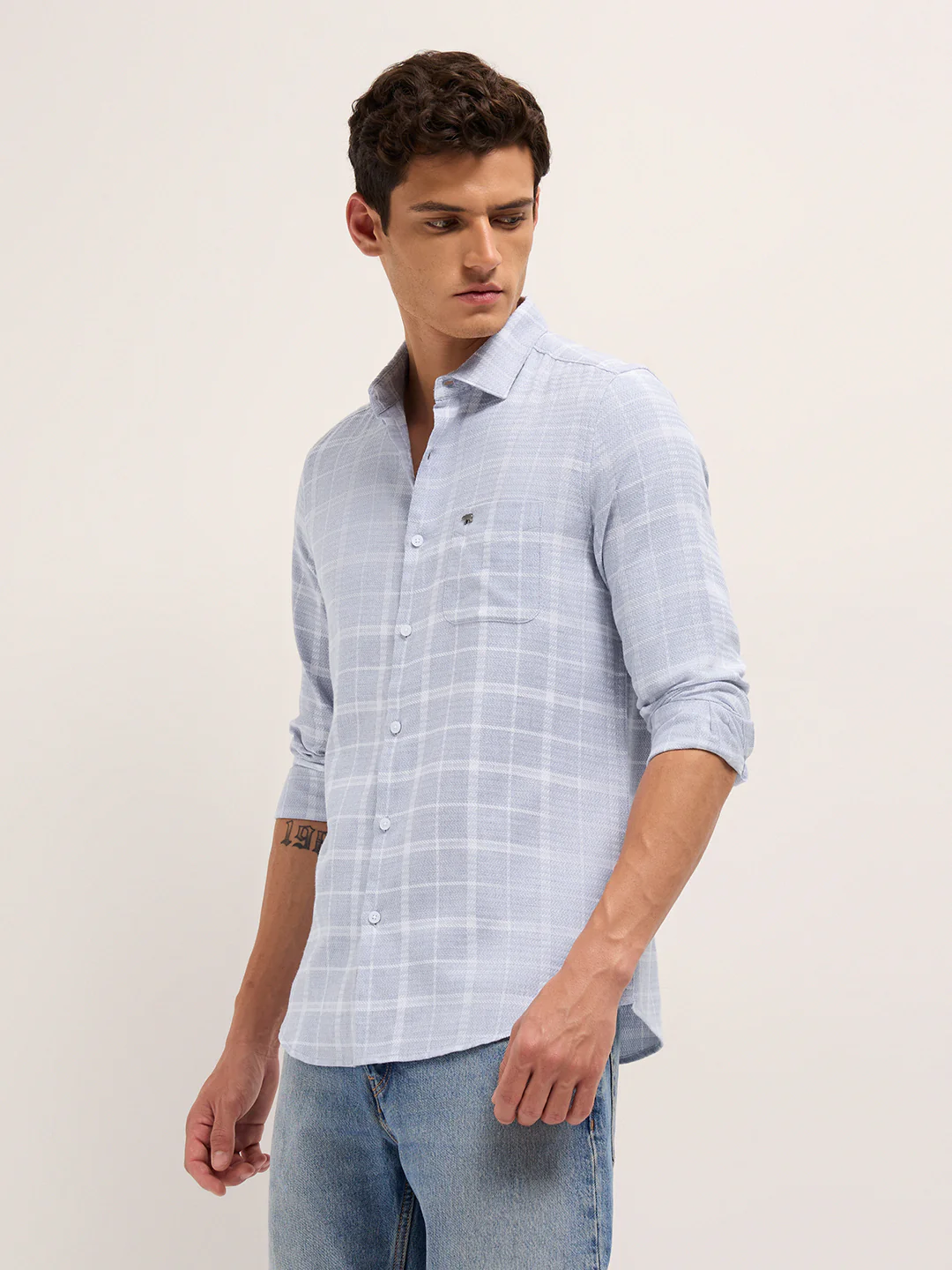 Men Cotton Herringbone Checked Shirt - Image 3