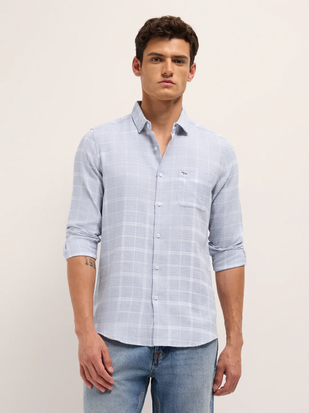 Men Cotton Herringbone Checked Shirt - Image 6