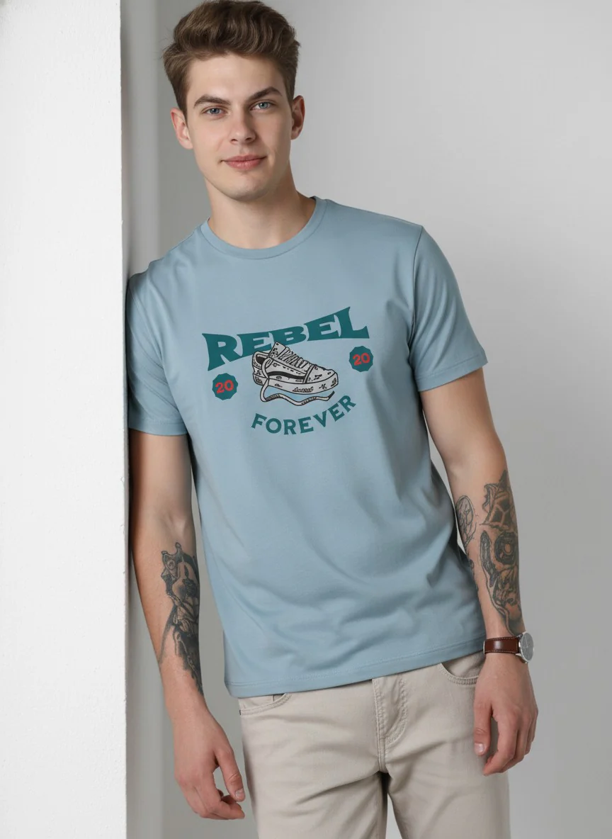 Men Cotton Ice Blue T-Shirt - Image 3