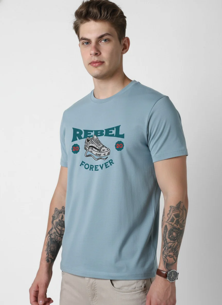 Men Cotton Ice Blue T-Shirt - Image 4