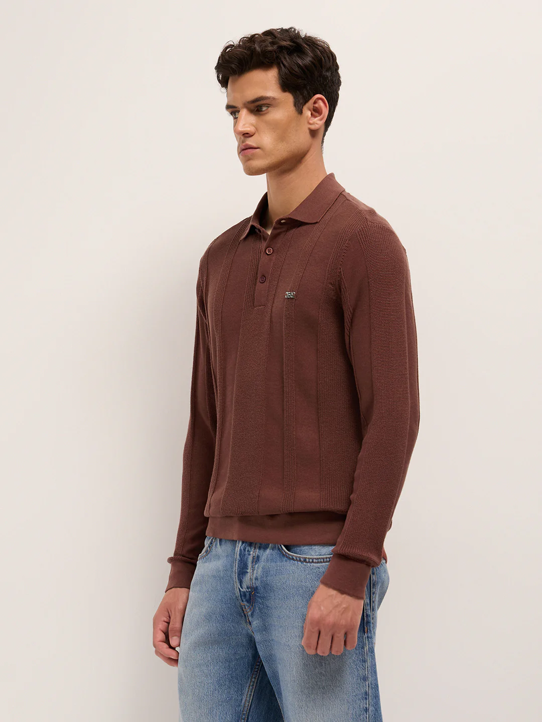 Men Cotton Knitted Textured Polo T-Shirt - Image 3