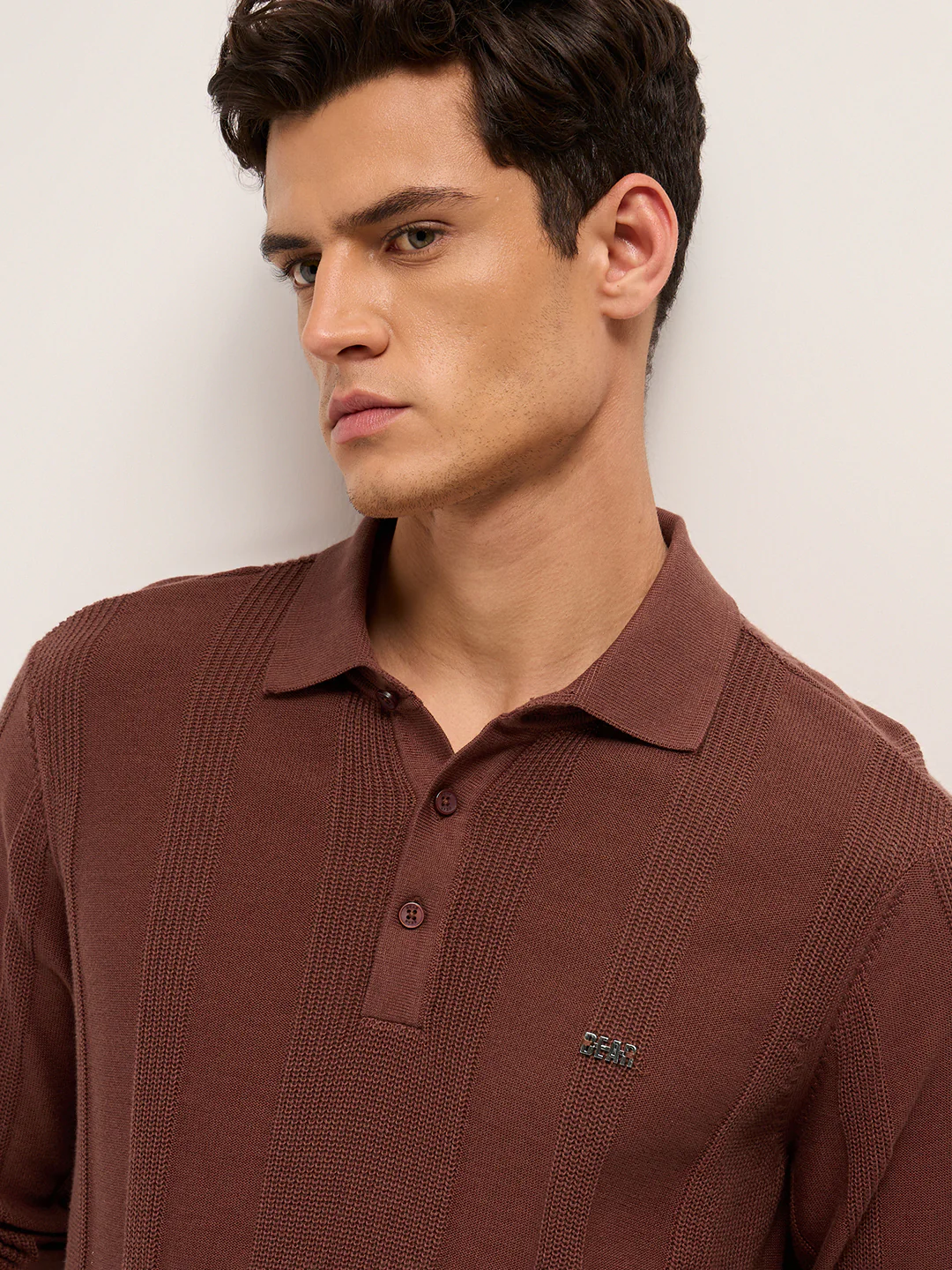 Men Cotton Knitted Textured Polo T-Shirt - Image 5
