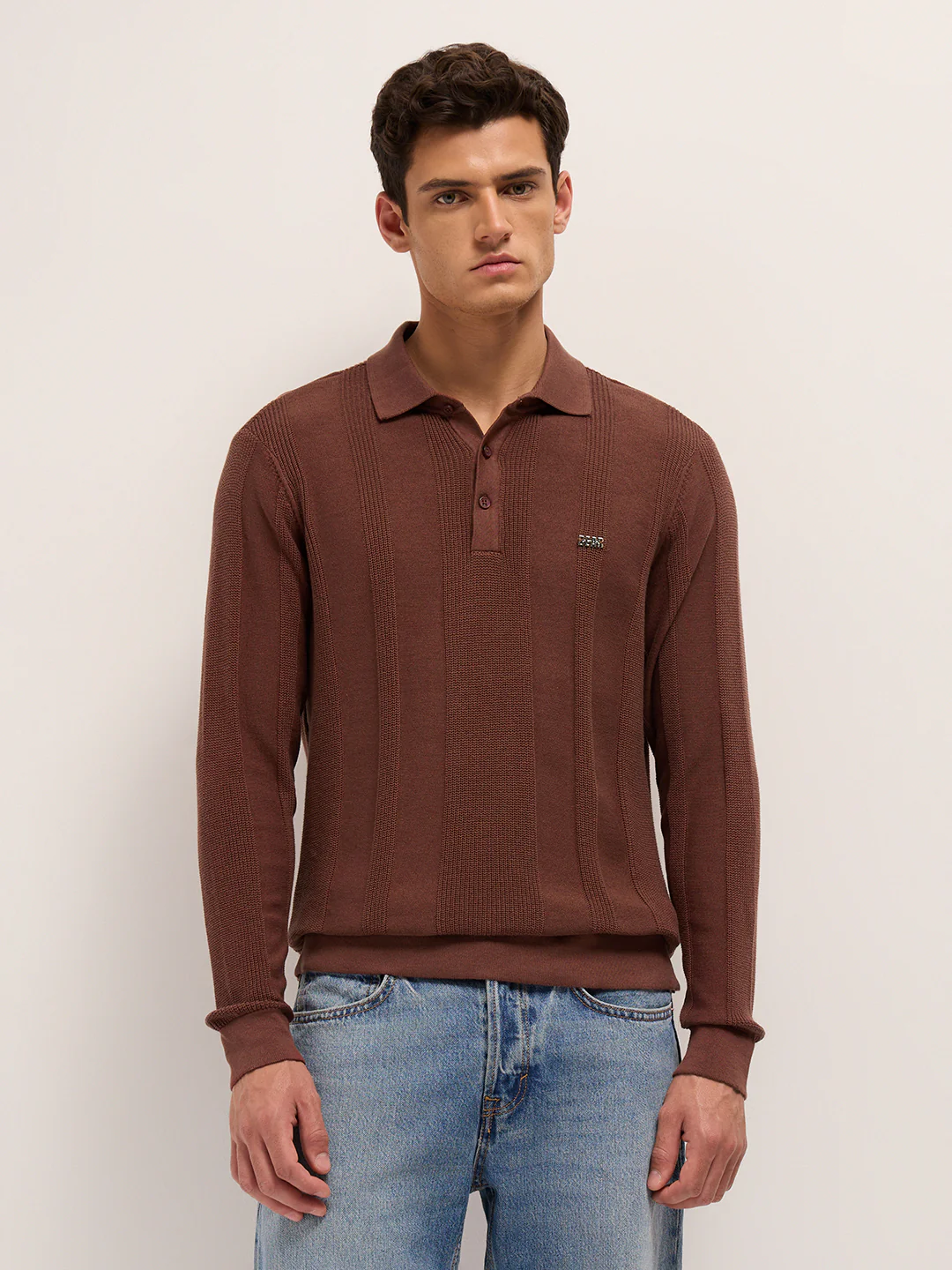Men Cotton Knitted Textured Polo T-Shirt - Image 6