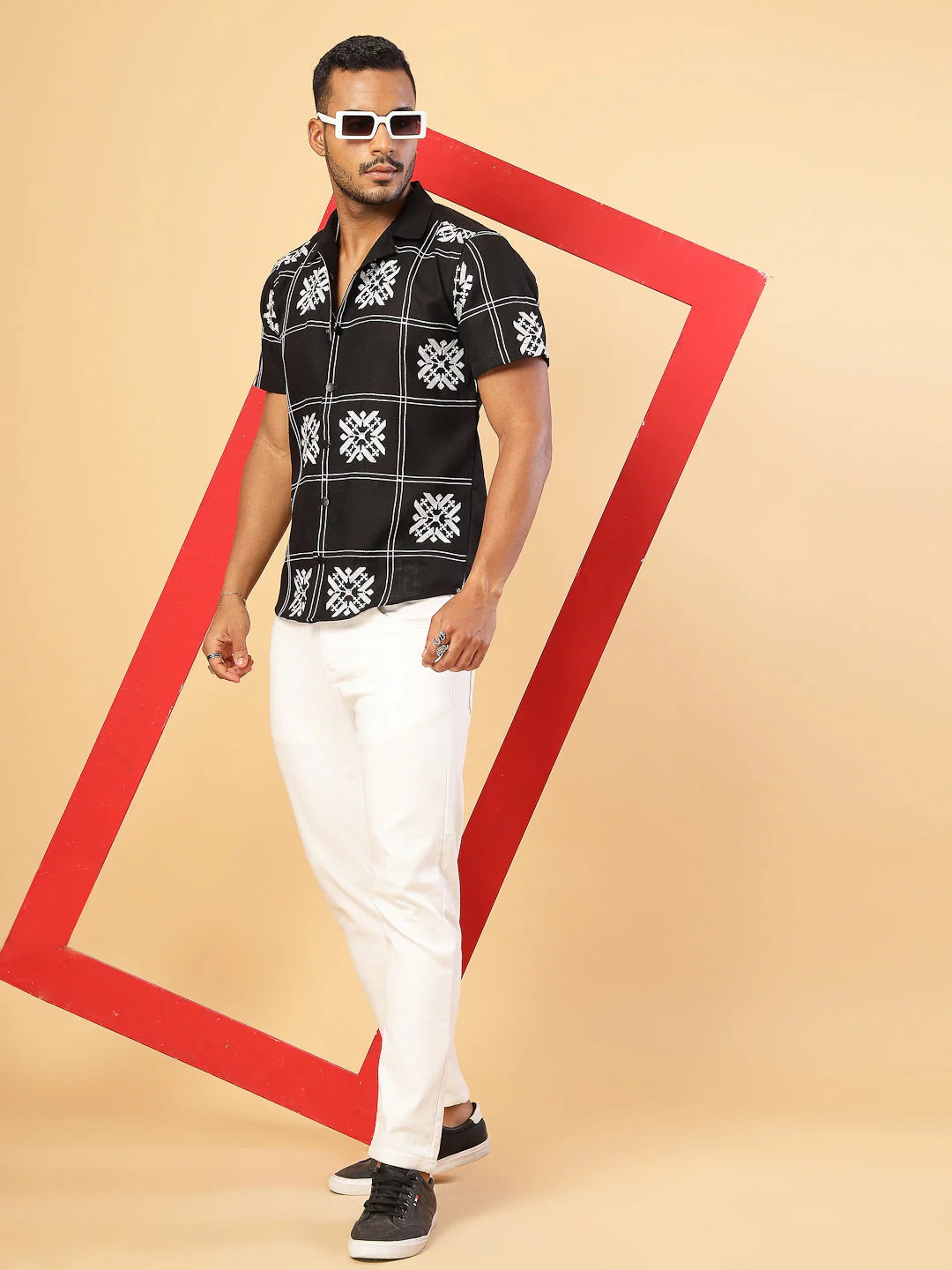 Men Cotton Fabric Linen Embroidered Half Sleeves Shirt - Image 2