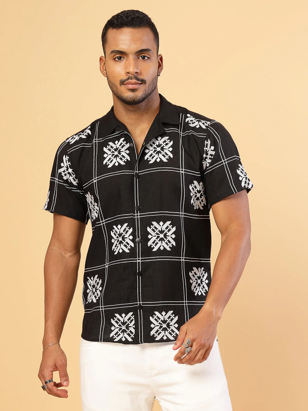 Men Cotton Fabric Linen Embroidered Half Sleeves Shirt - Image 4