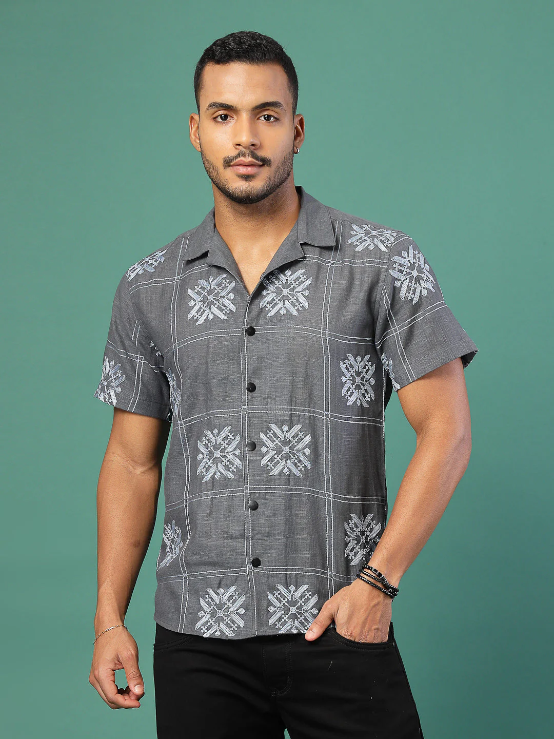 Men Cotton Fabric Linen Embroidered Half Sleeves Shirt - Image 2